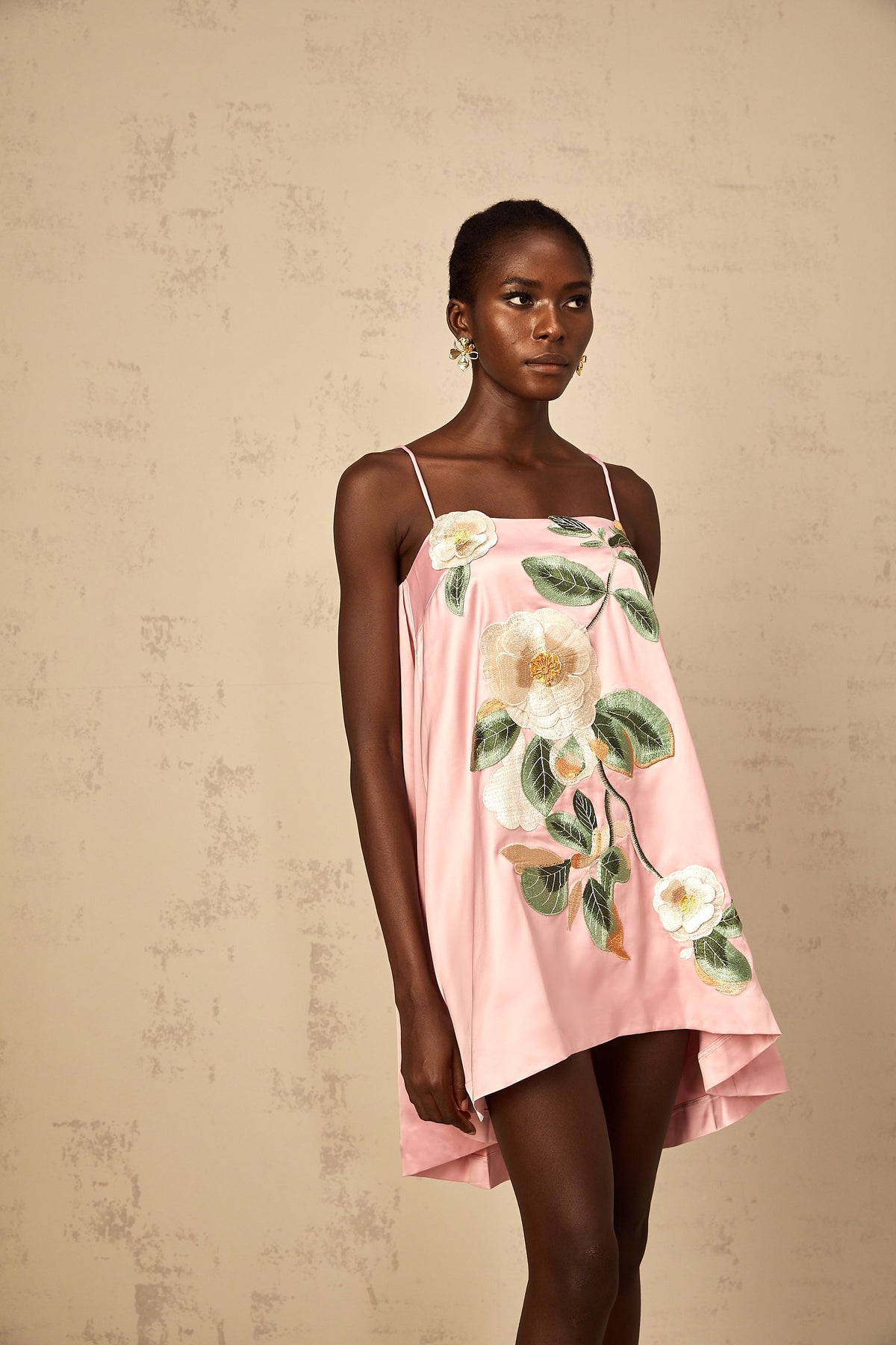 Avril Pink Floral Embroidered Satin Mini Dress