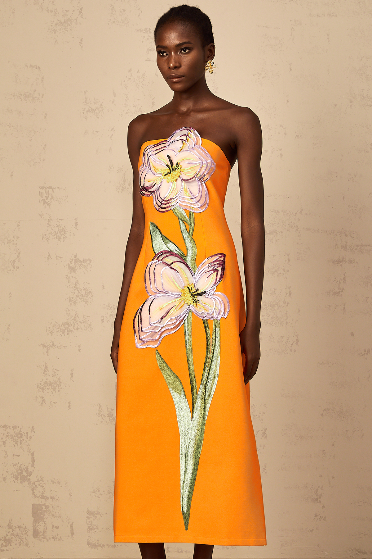 Irène Sequin Embroidered Off-Shoulder Midi Dress in Orange