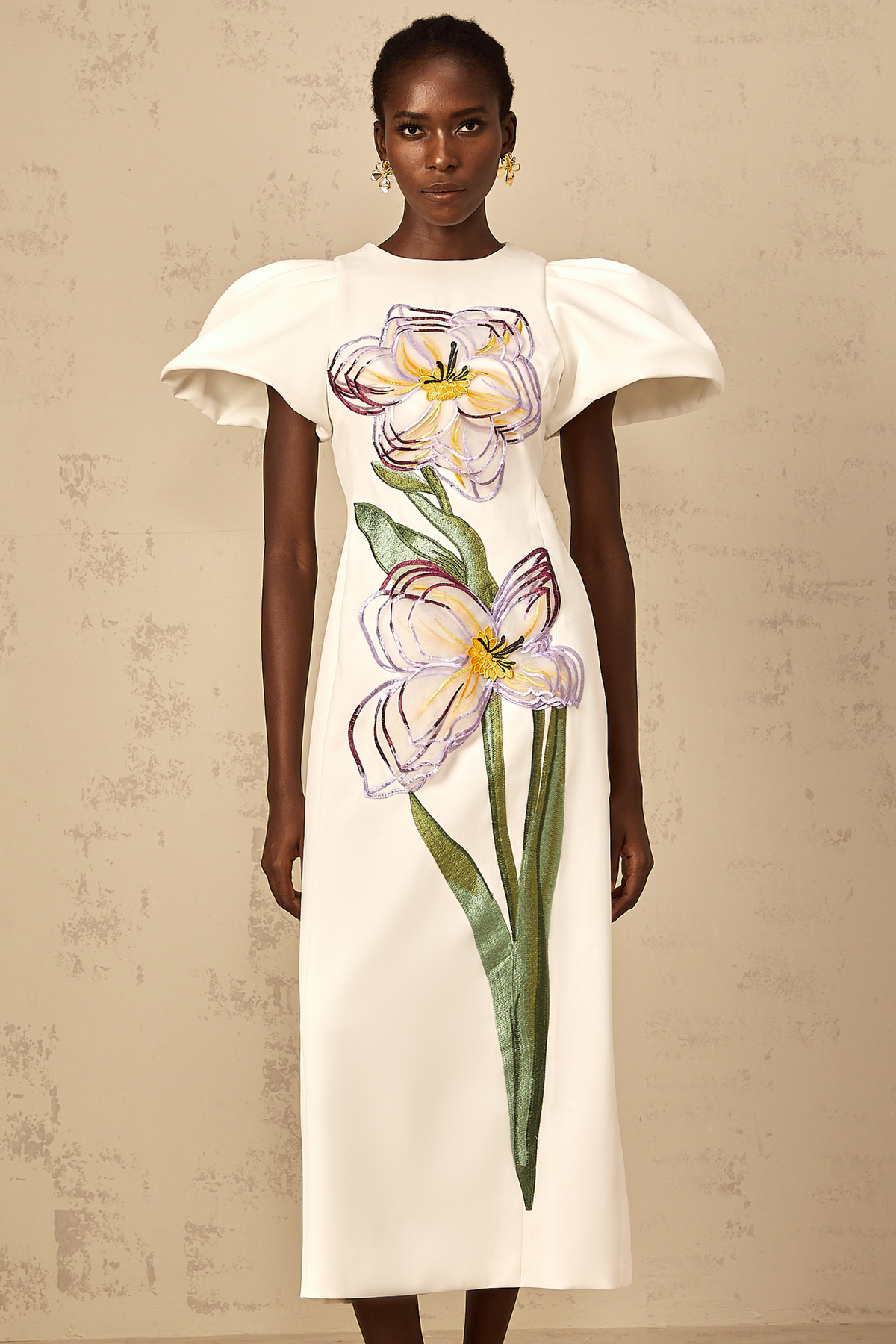 Irène White Sequin Floral Embroidered Midi Dress