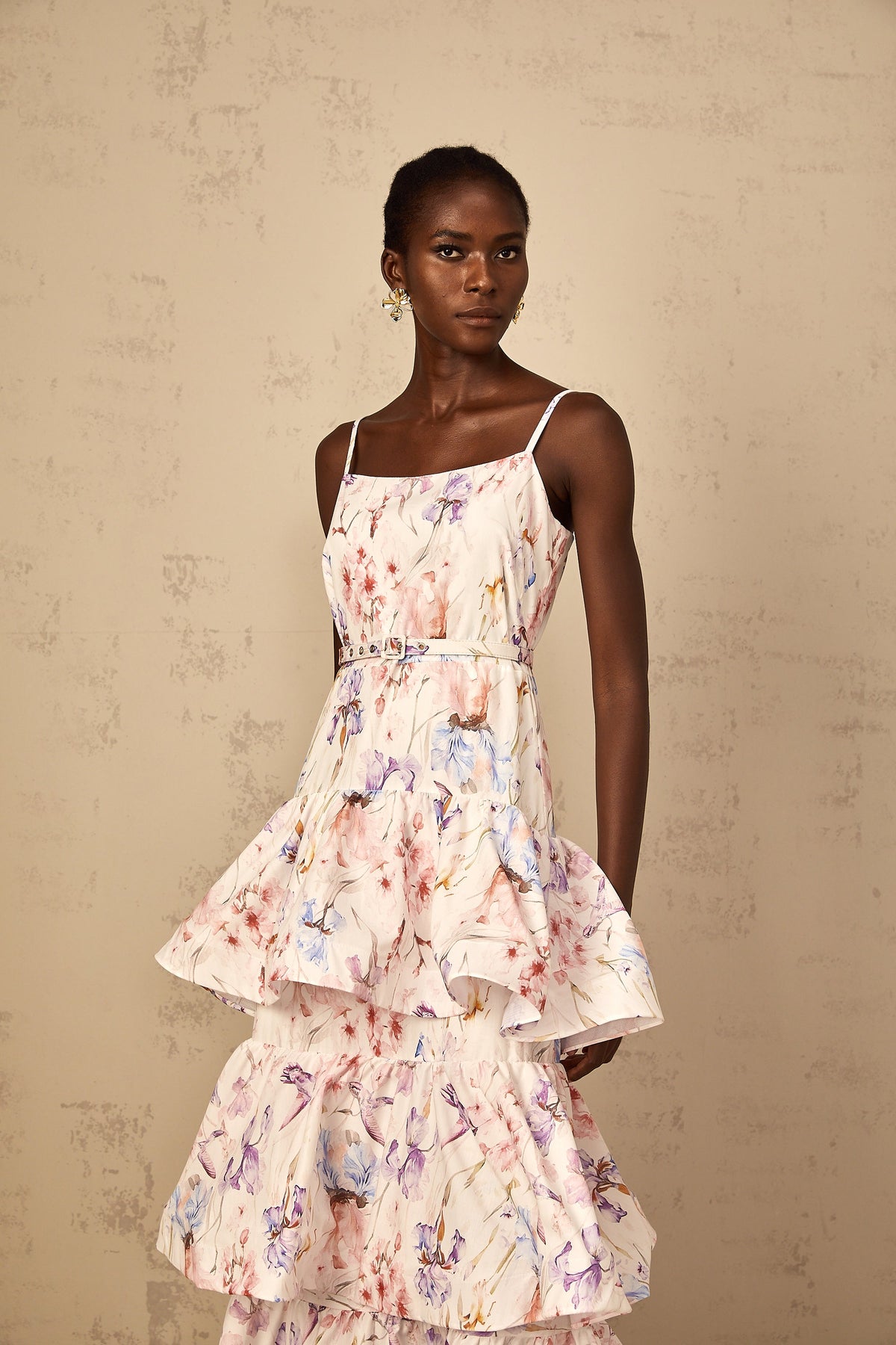 Géraldine White Floral Print Ruffled Tiered Maxi Dress