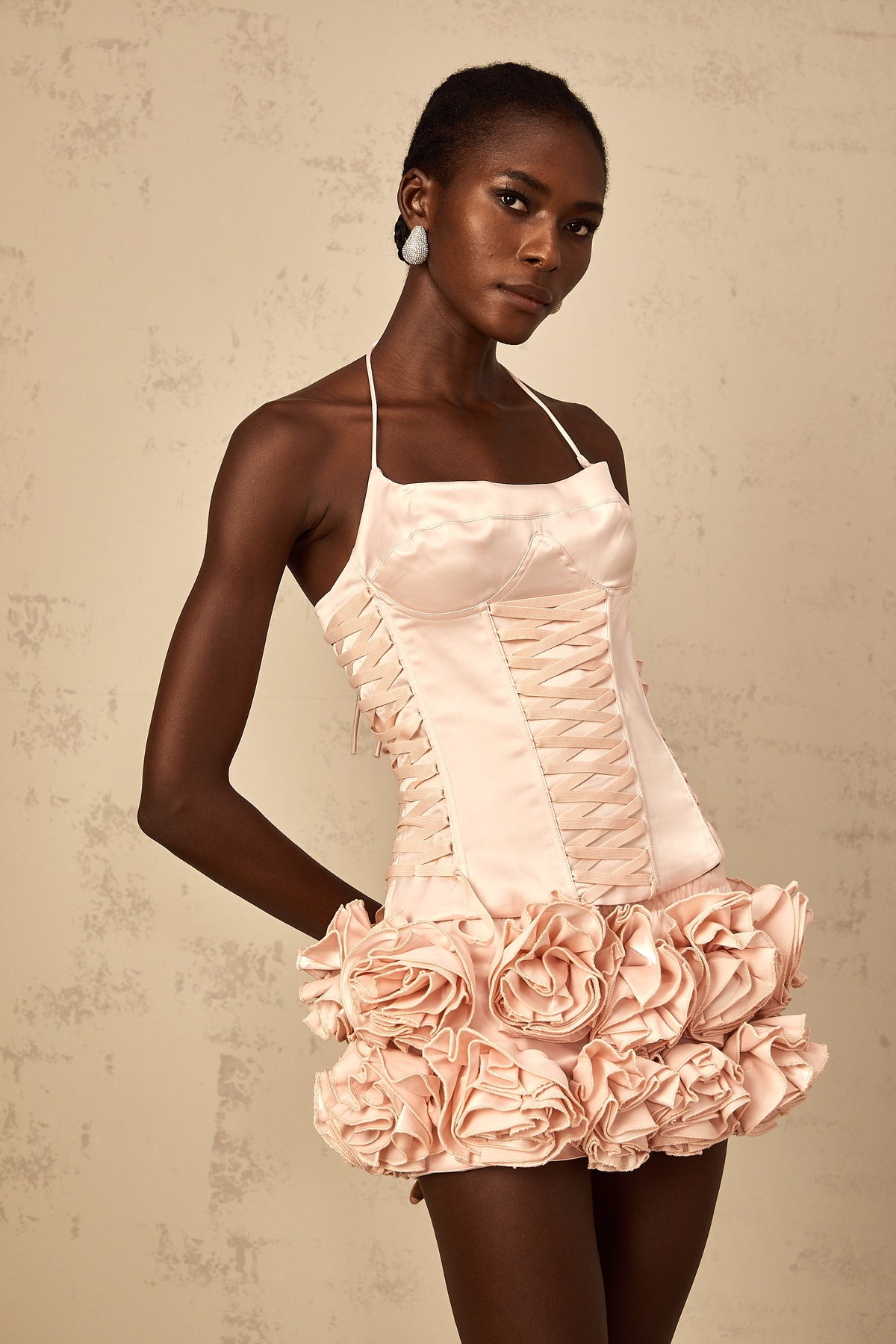 Jeanne pink faux-flower lace-up top & skirt matching set (Final Sale-US Only)