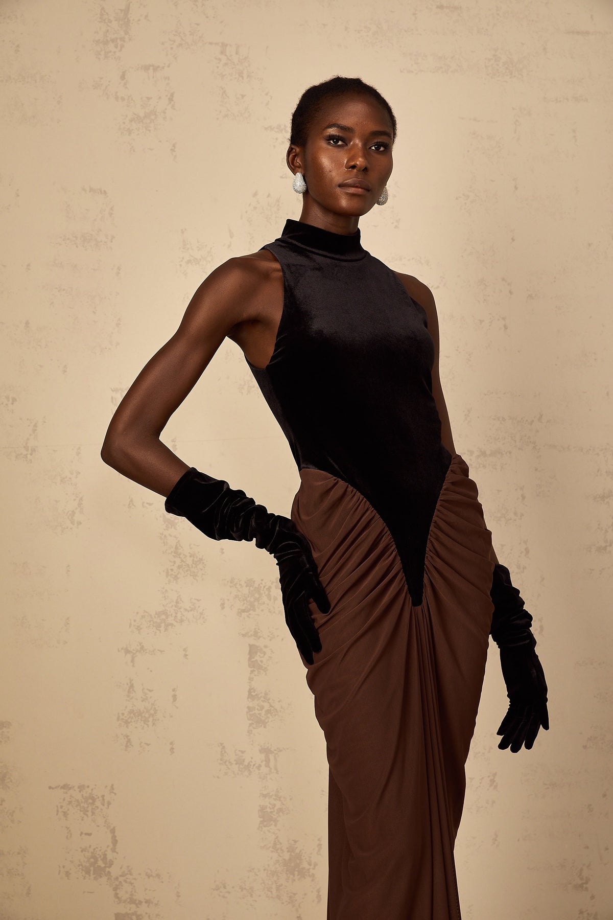 Mathilde brown velvet-panel ruched maxi dress
