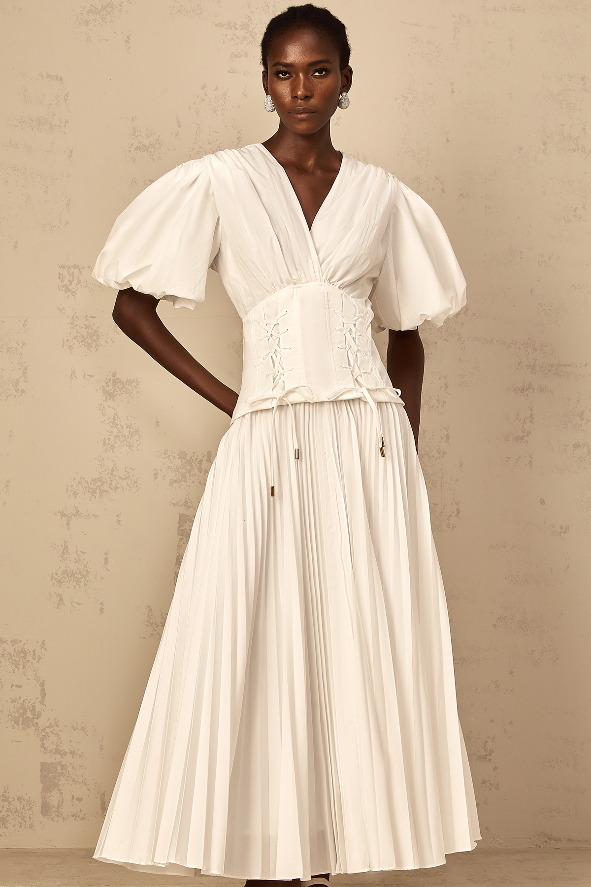Vienne White Lace-Up Pleated Maxi Dress (Final Sale-US Only)