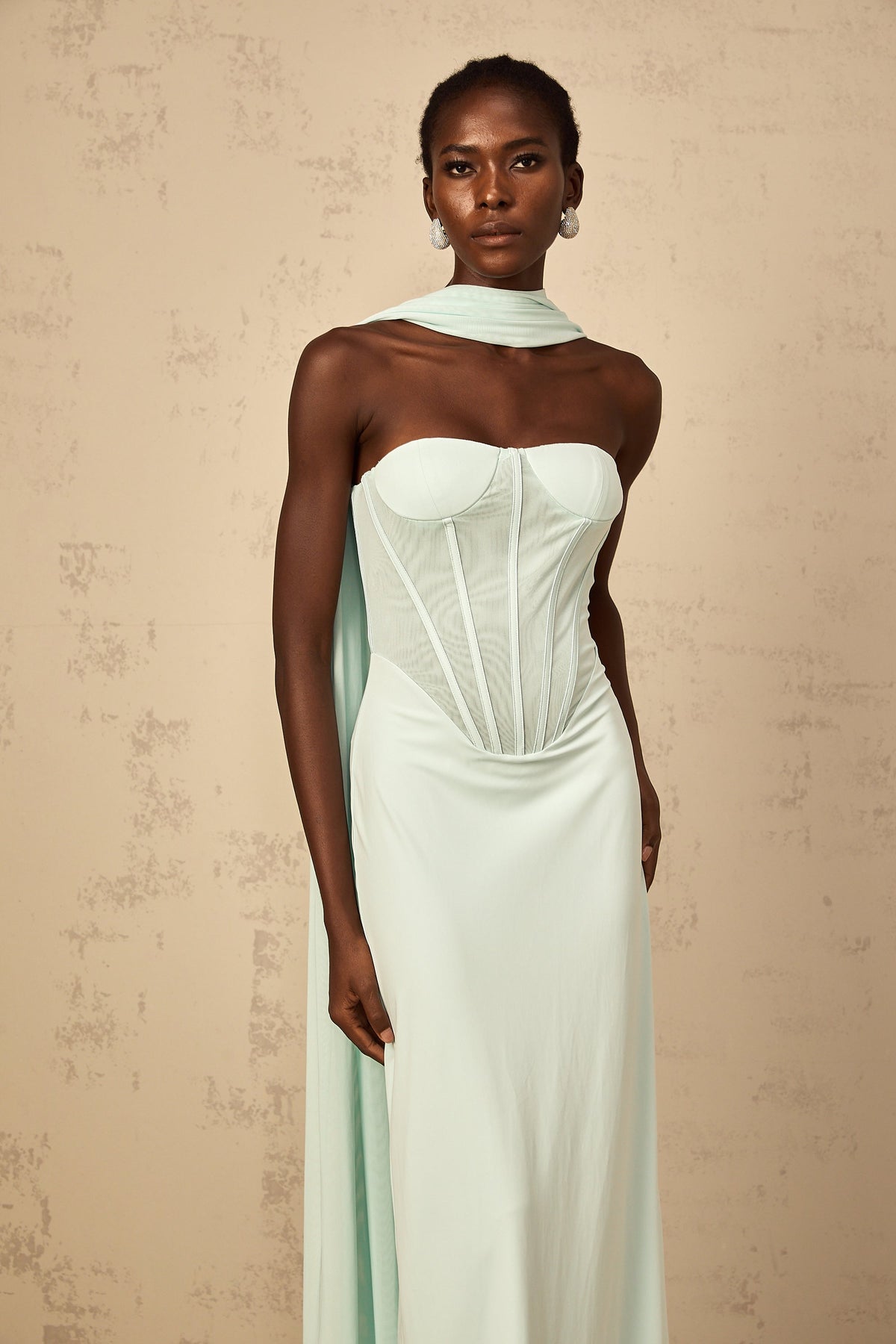 Béryl Tulle Panel Corset Maxi Dress in Mint Green