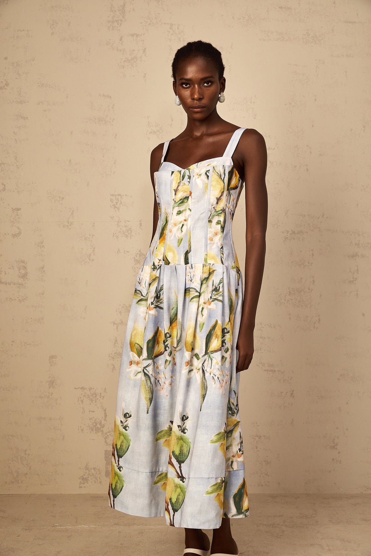 Esmée Blue Cottagecore Shirred Floral Midi Dress