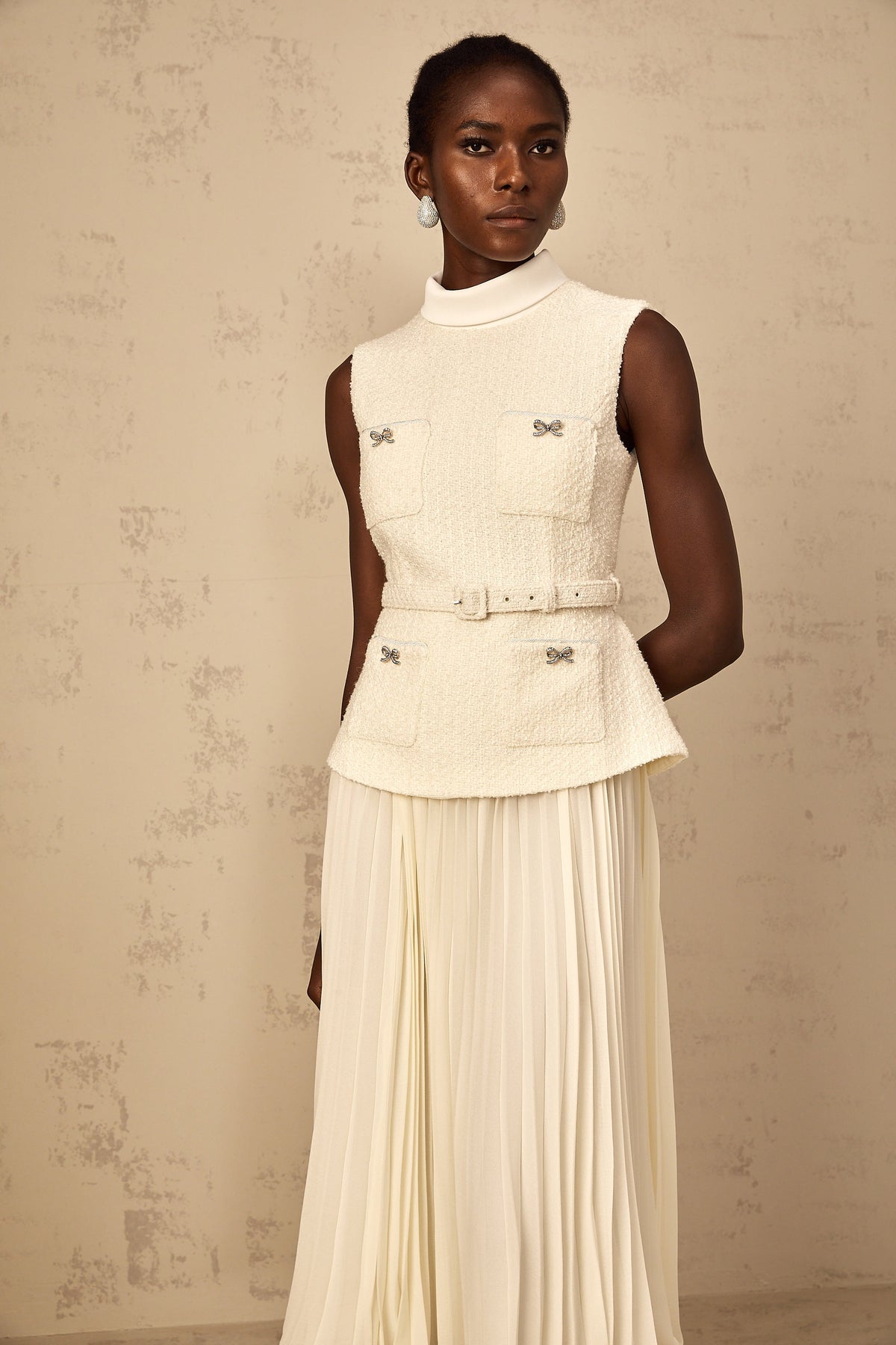 Dulcie Off-White Tulle Panel Tweed Midi Dress (Final Sale-US Only)
