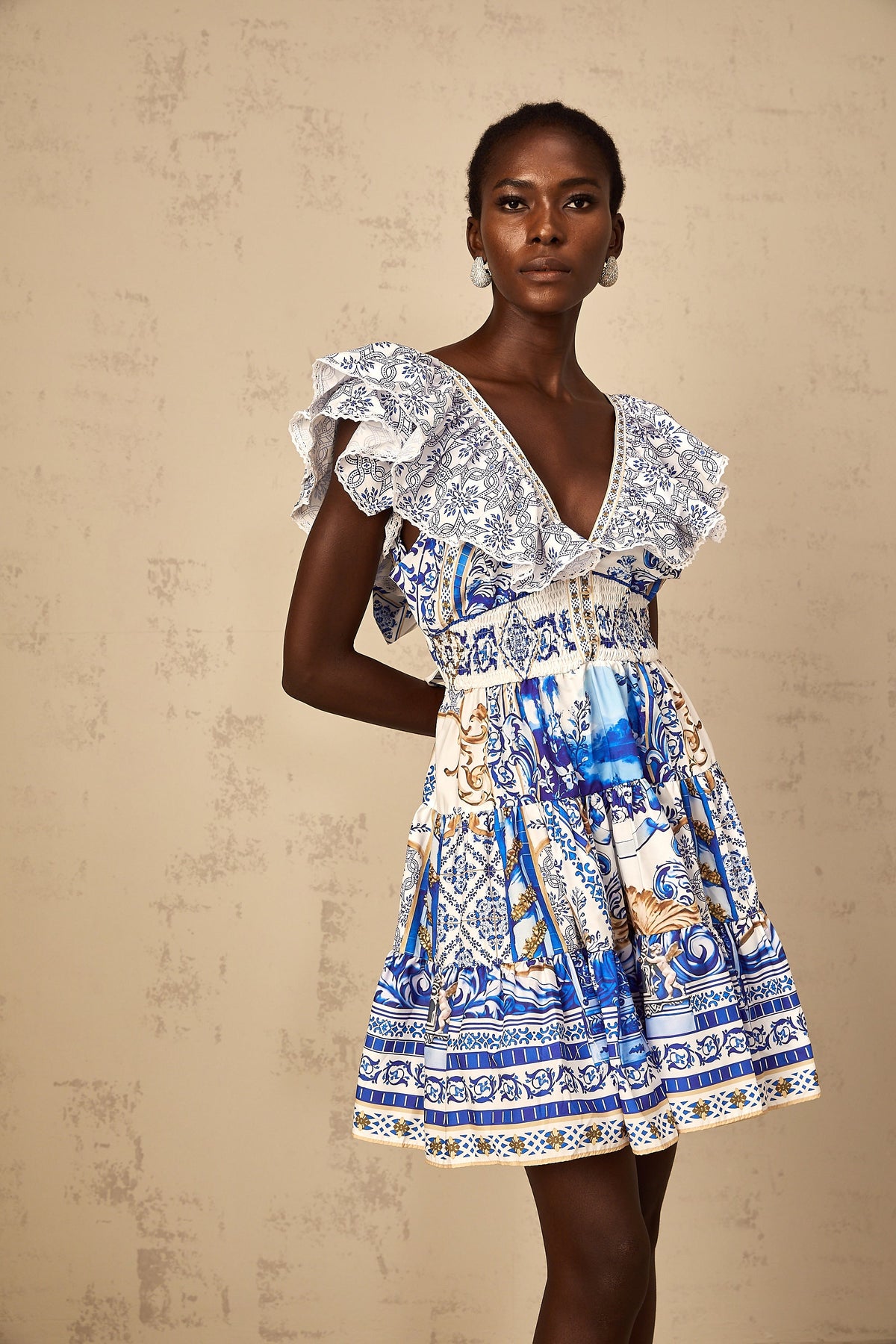Calliopée Blue Baroque Print Tiered Mini Dress (Final Sale-US Only)