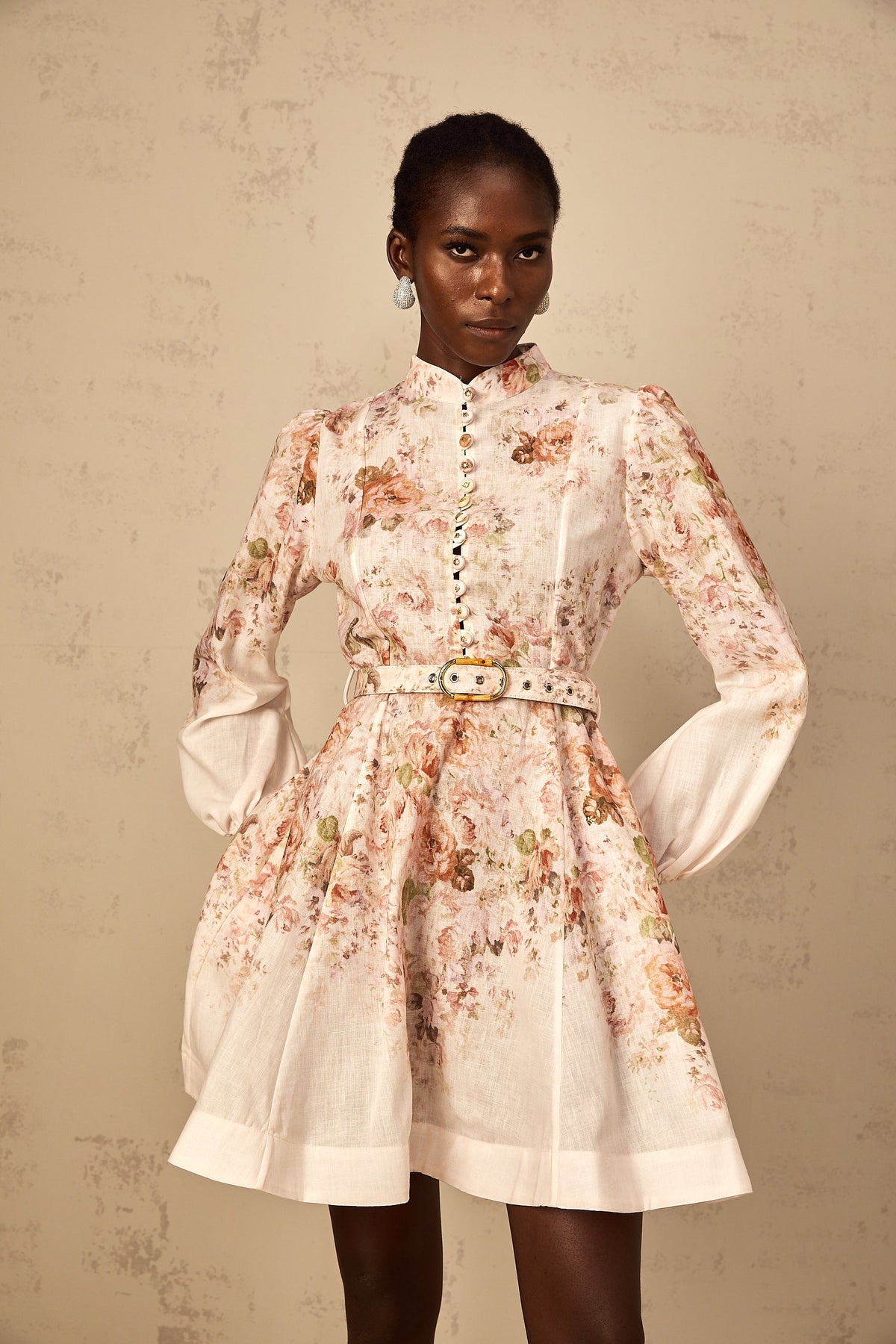 Bianca Beige Floral Print Mini Dress