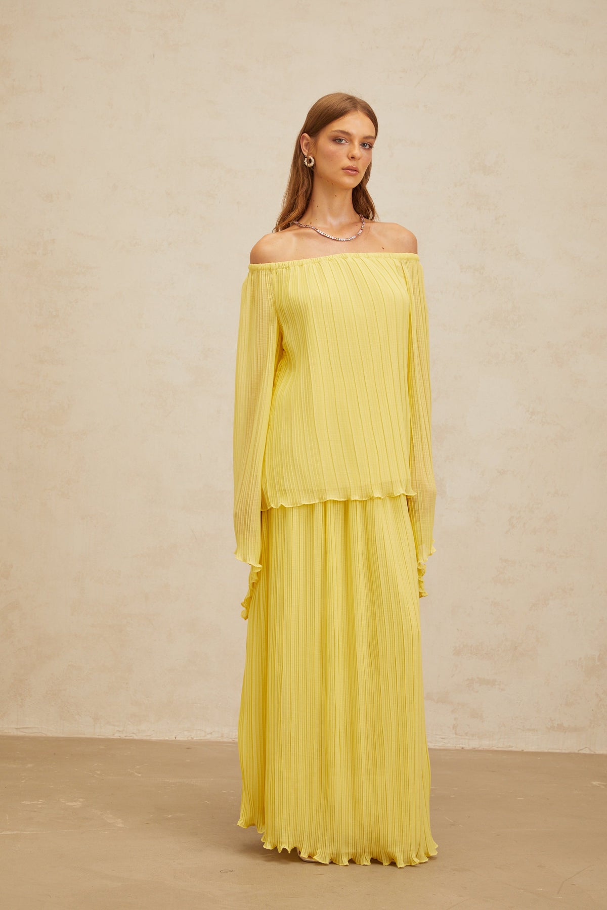 Yseult Yellow Pleated Casual Blouse & Skirt Set (Final Sale-US Only)