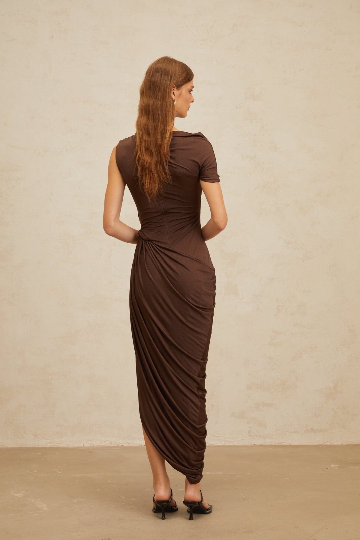 Prune Brown Night Out Asymmetrical Ruched Midi Dress (Final Sale)