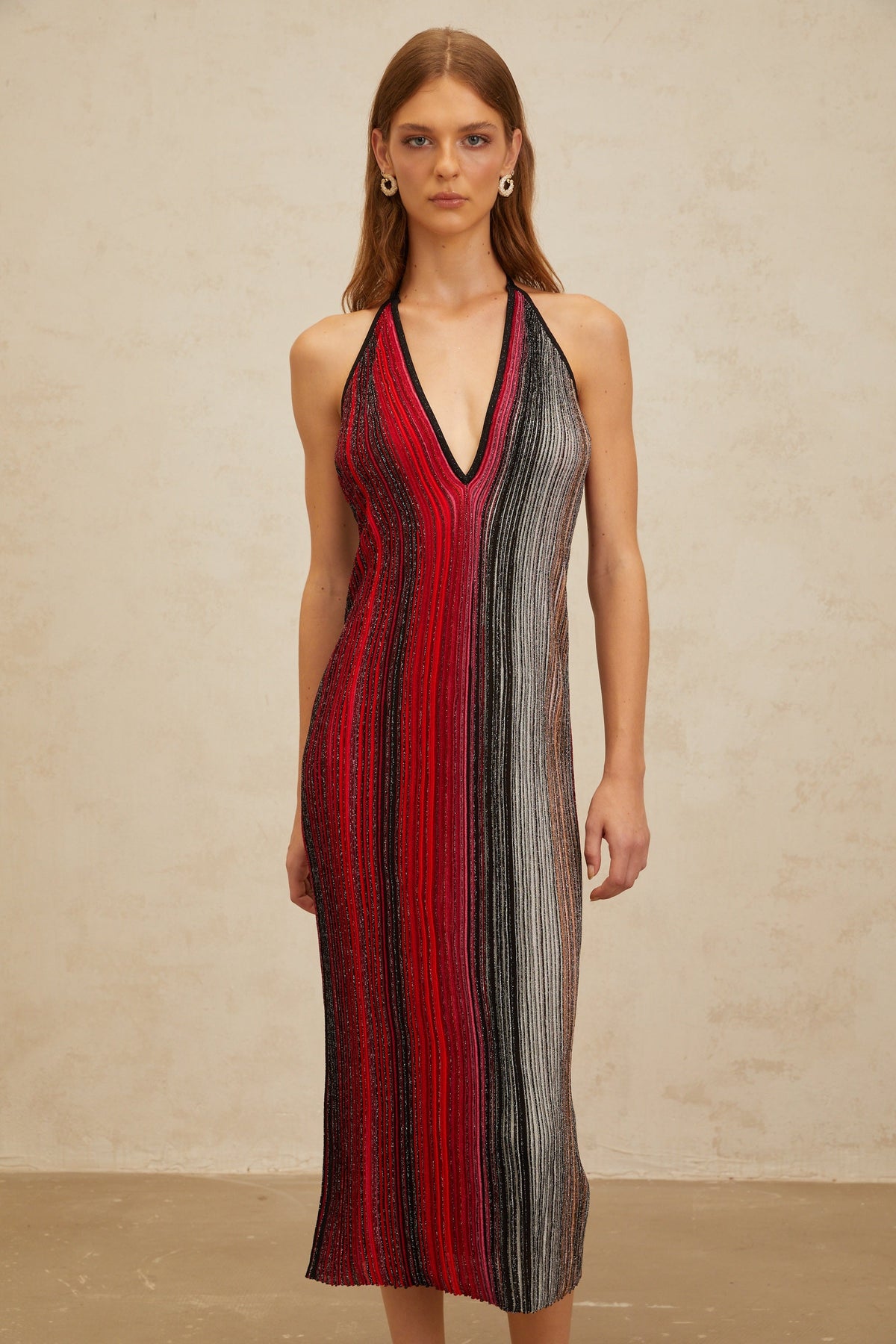 Amaryllis Red Sequined Striped Knit Midi Dress