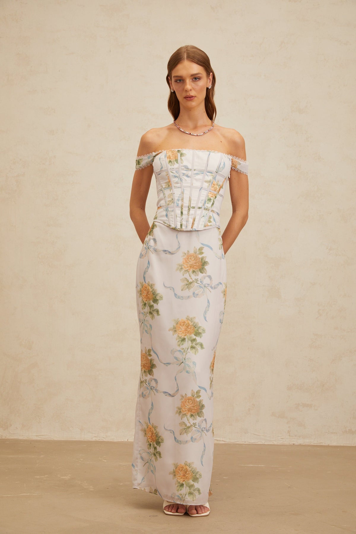 Béryl Soft-Blue Floral Print Fitted Maxi Dress
