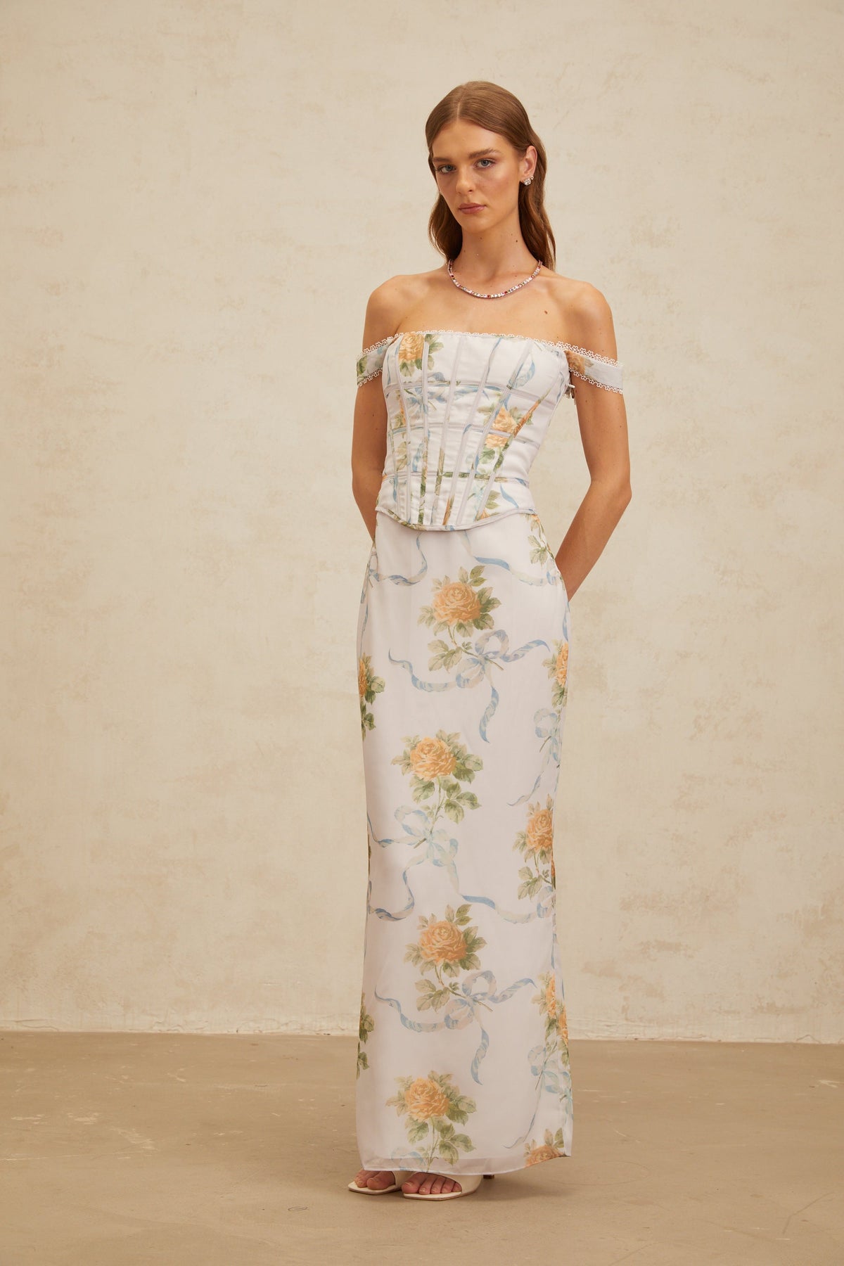 Béryl Soft-Blue Floral Print Fitted Maxi Dress