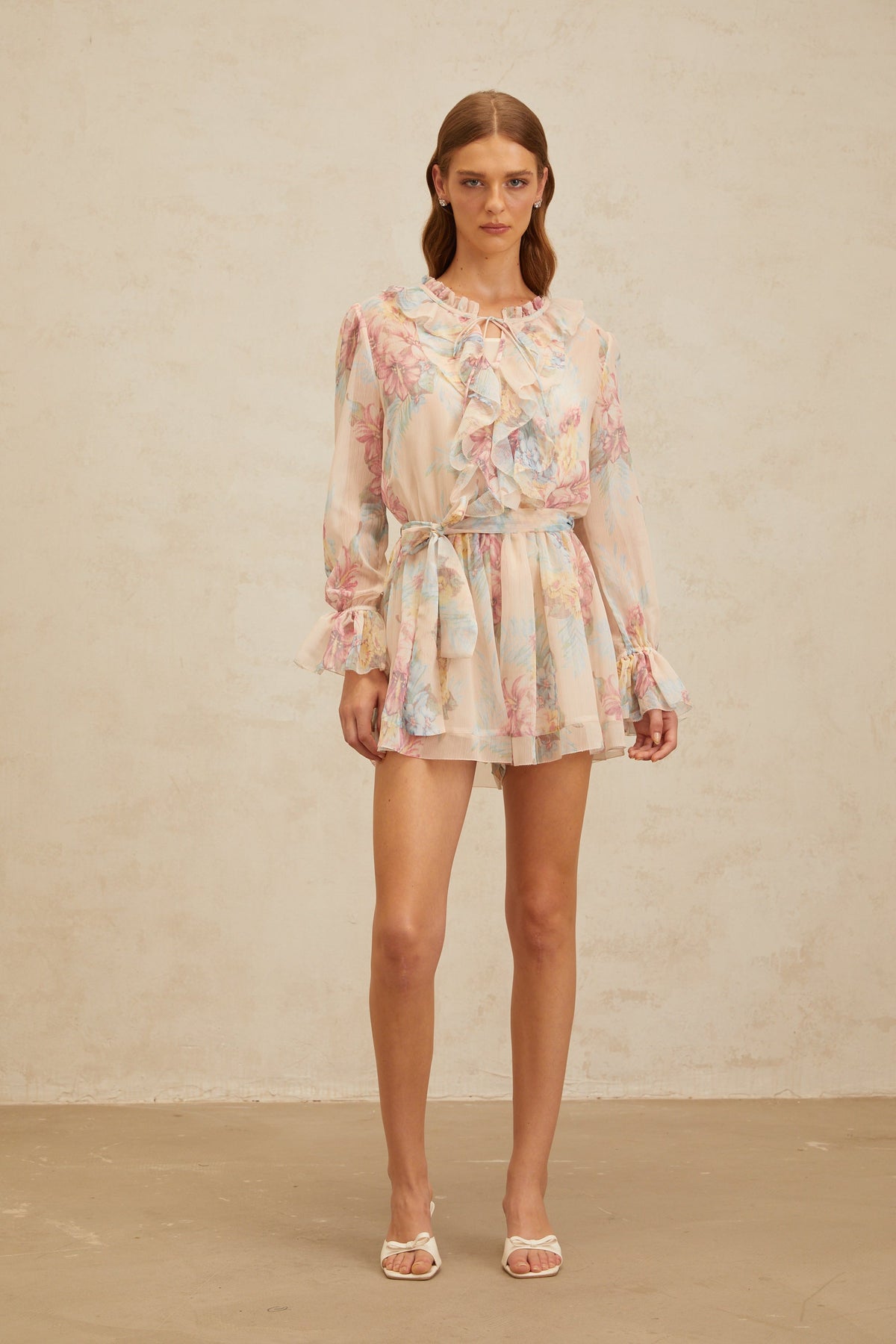 Aurore Neutral Floral Print Ruffled Chiffon Playsuit (Final Sale)