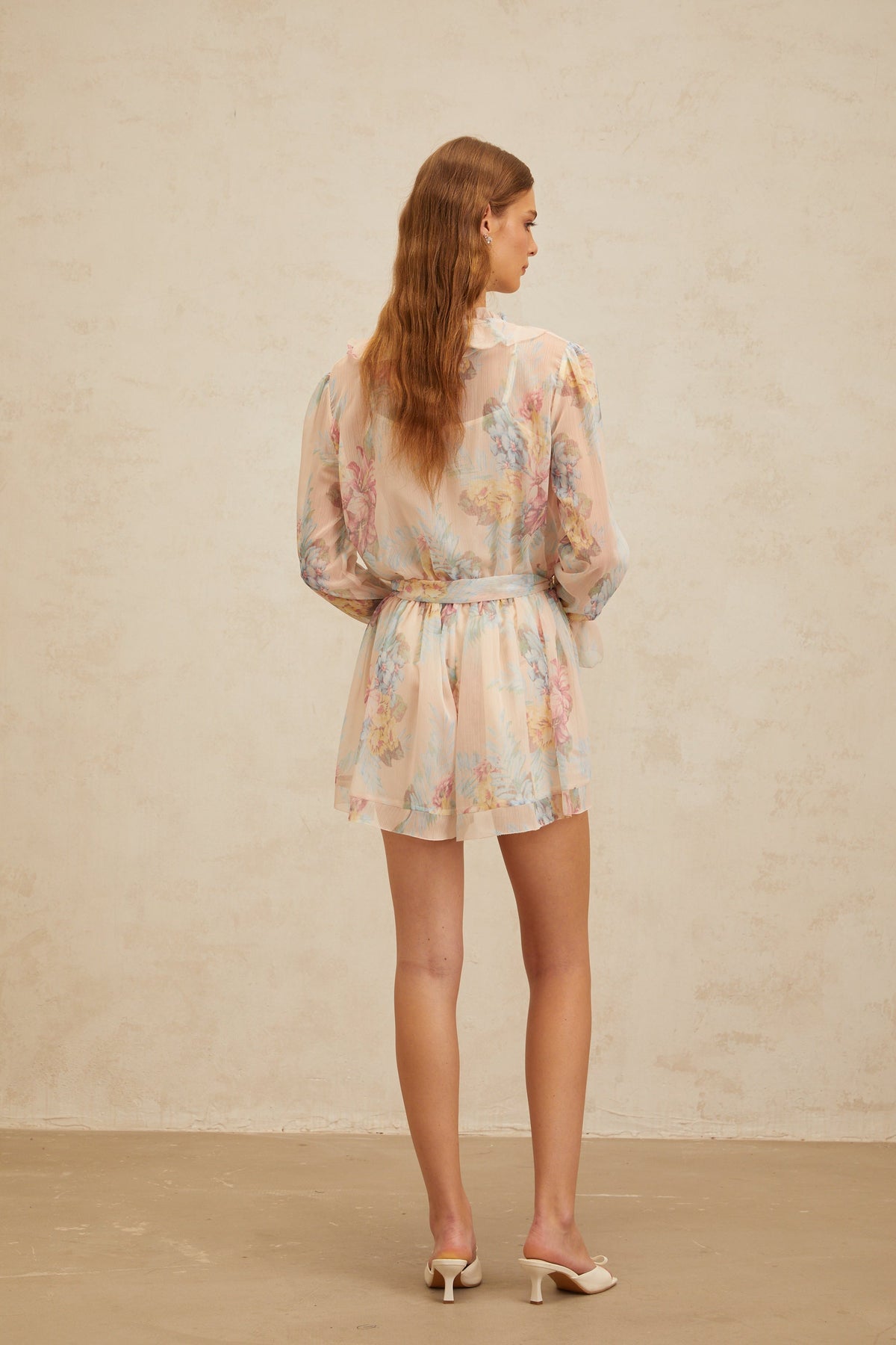 Aurore Neutral Floral Print Ruffled Chiffon Playsuit (Final Sale)