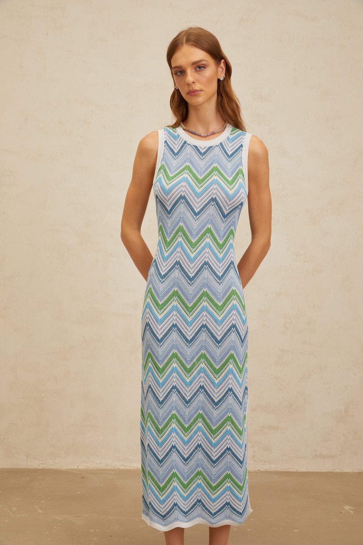 Solène Blue Chevron Knit Midi Dress