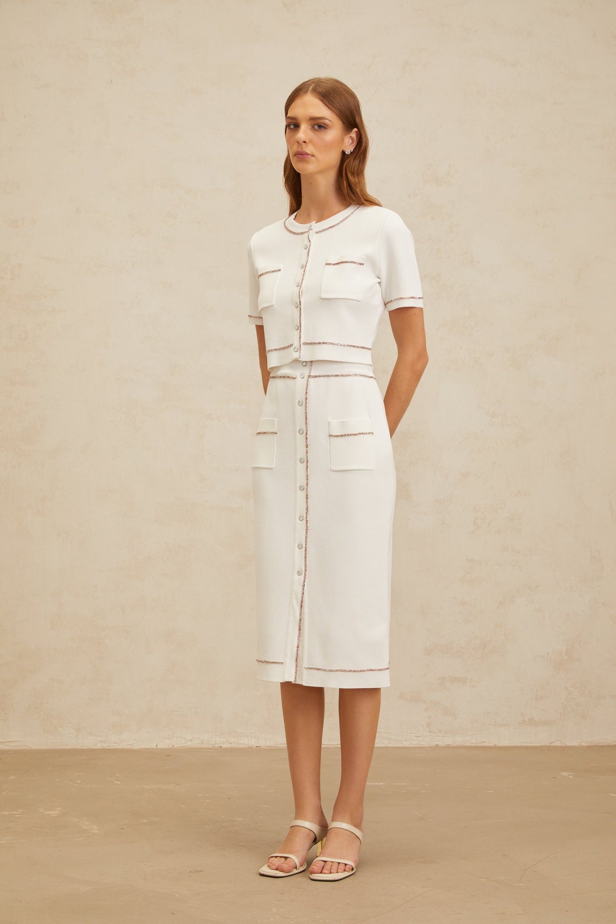 Clotilde White embellished Knit Top & Skirt Set