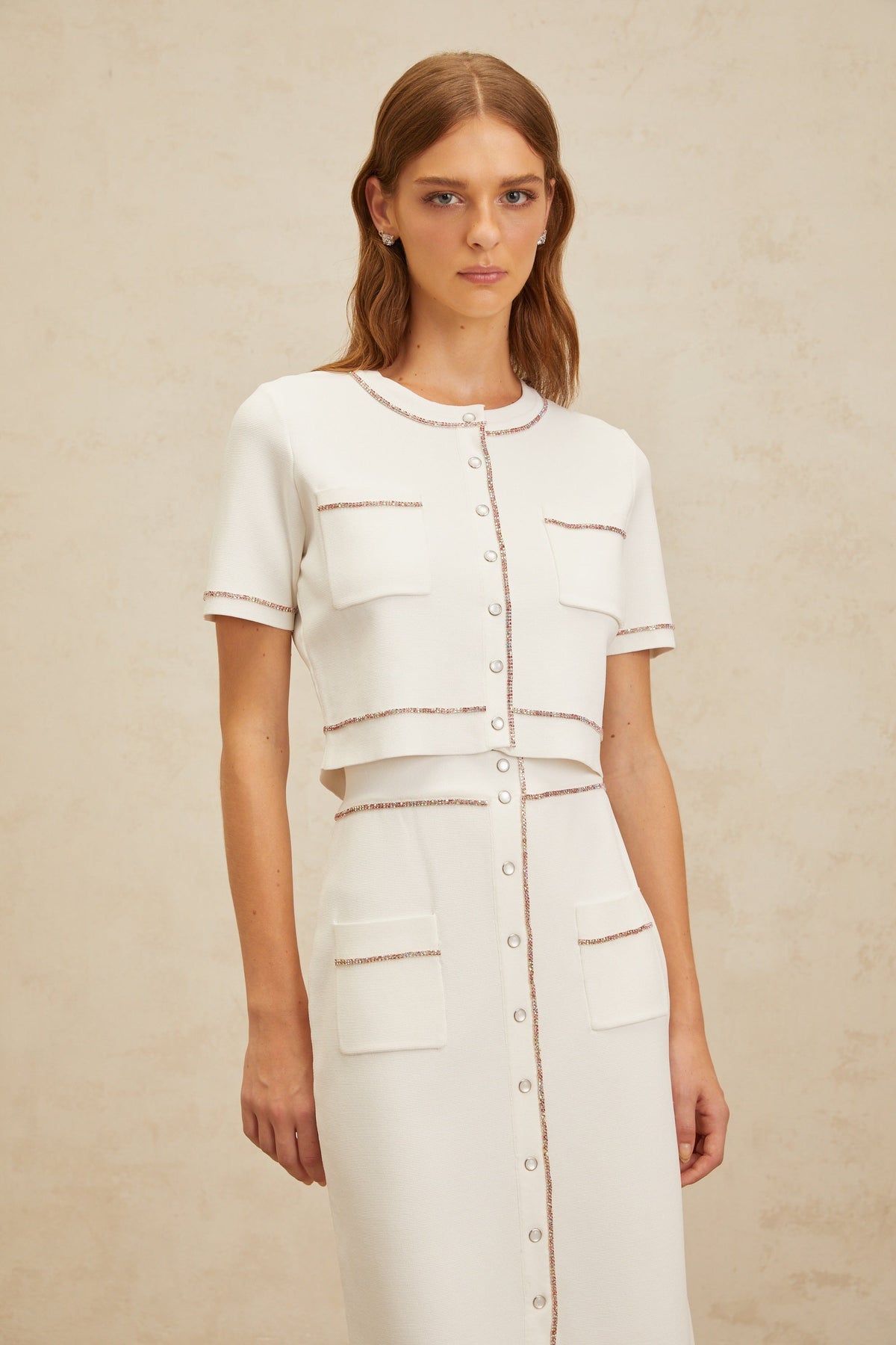 Clotilde White embellished Knit Top & Skirt Set