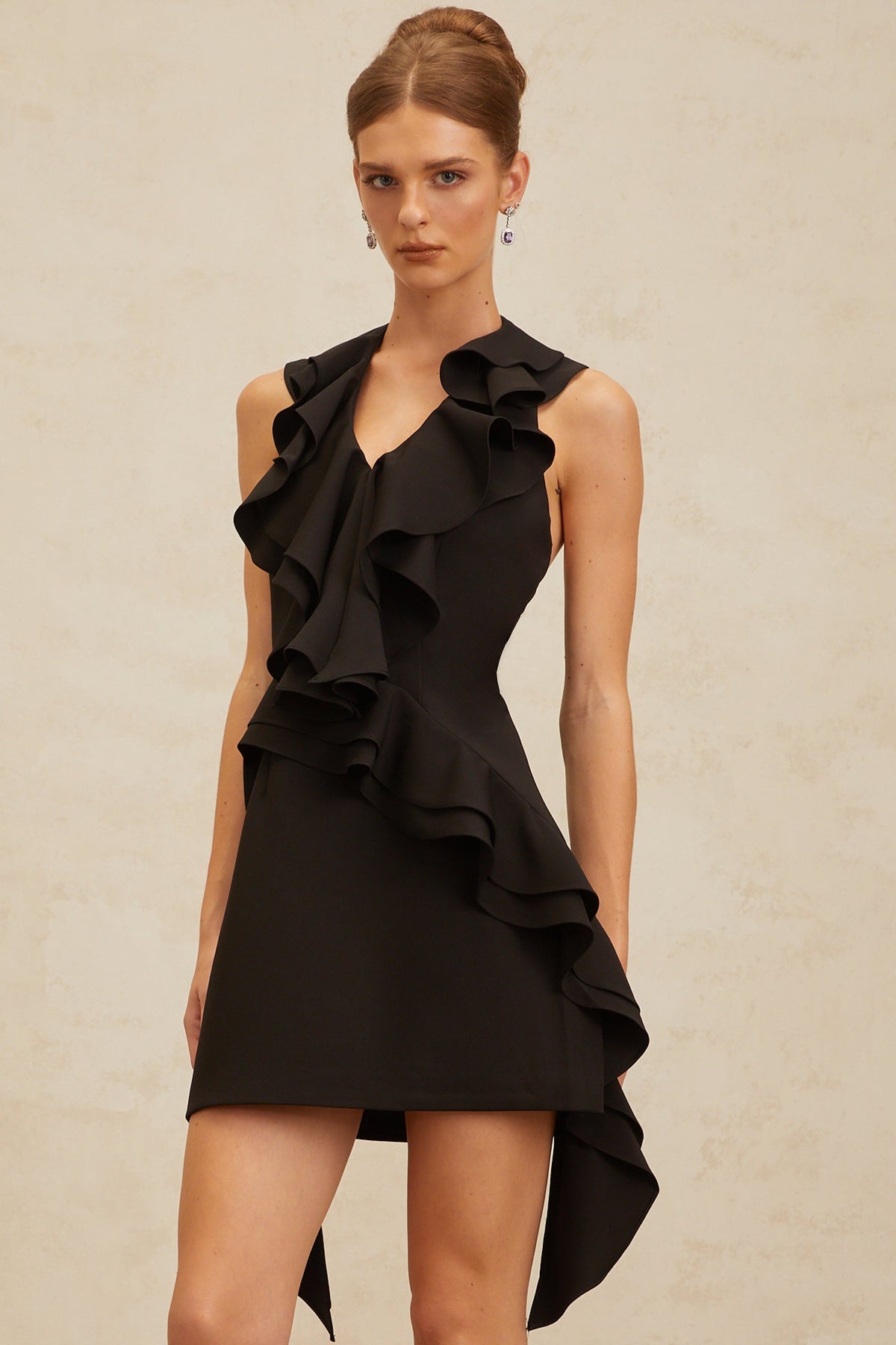 Estelle Black Asymmetrical Ruffled Cocktail Mini Dress