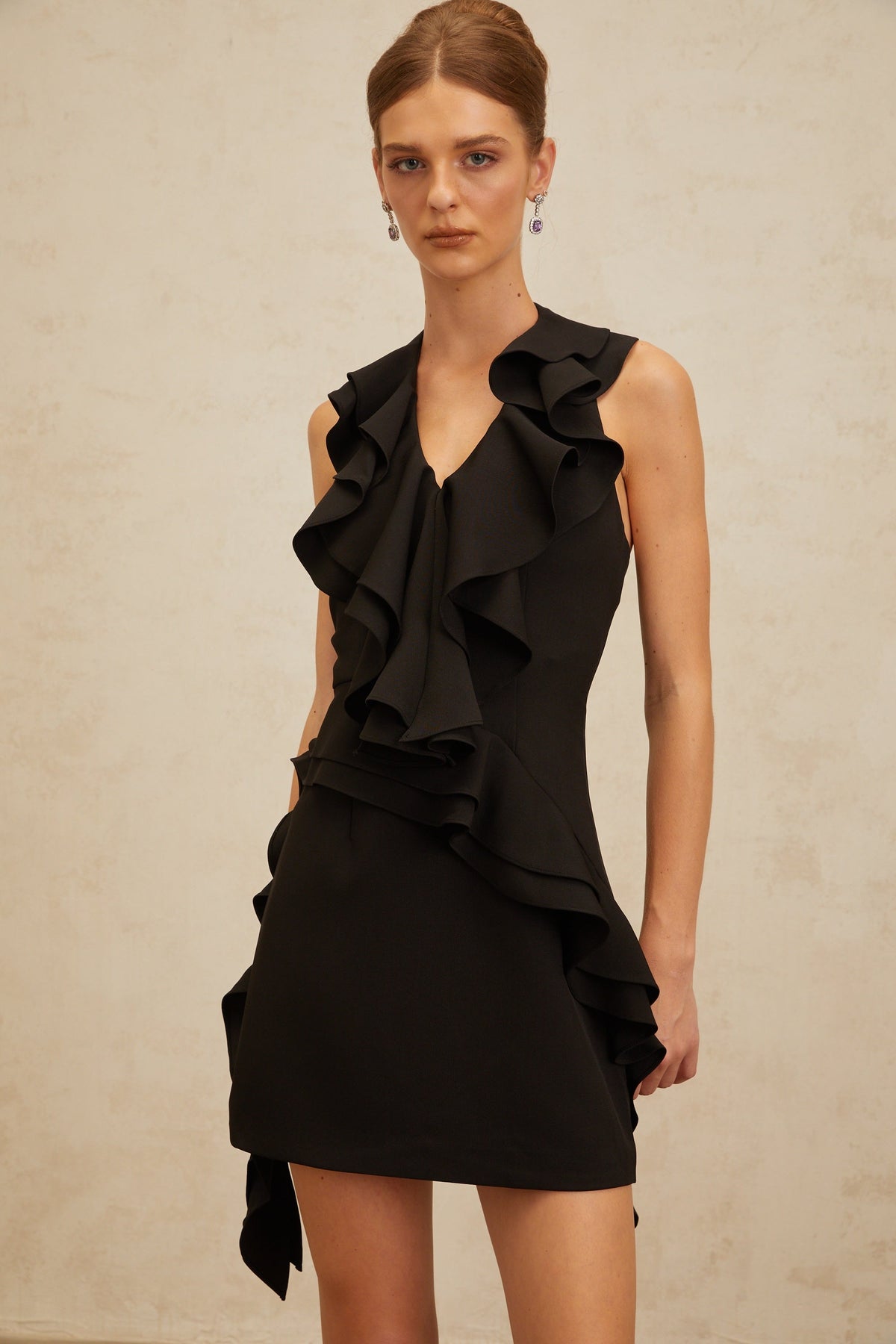 Estelle Black Asymmetrical Ruffled Cocktail Mini Dress