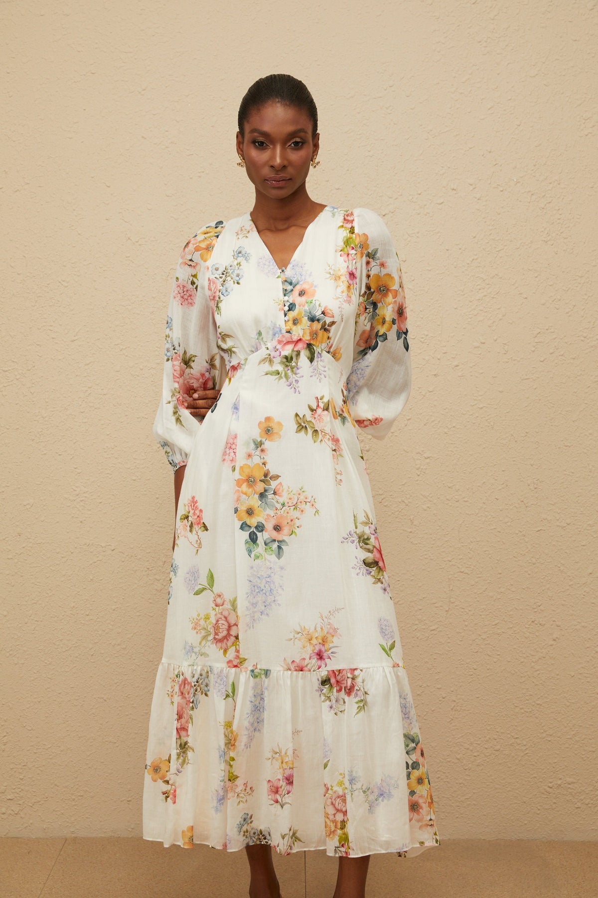 Noémie White Floral Print V-Neck Midi Dress