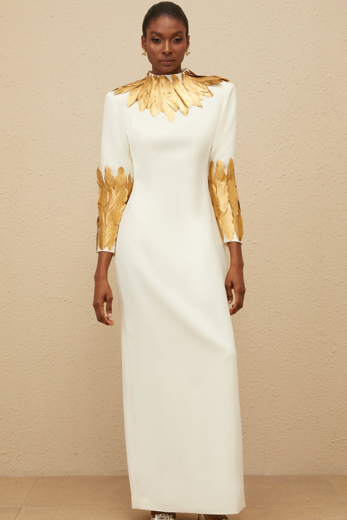 Nocturne White Feather-Trim Maxi Dress