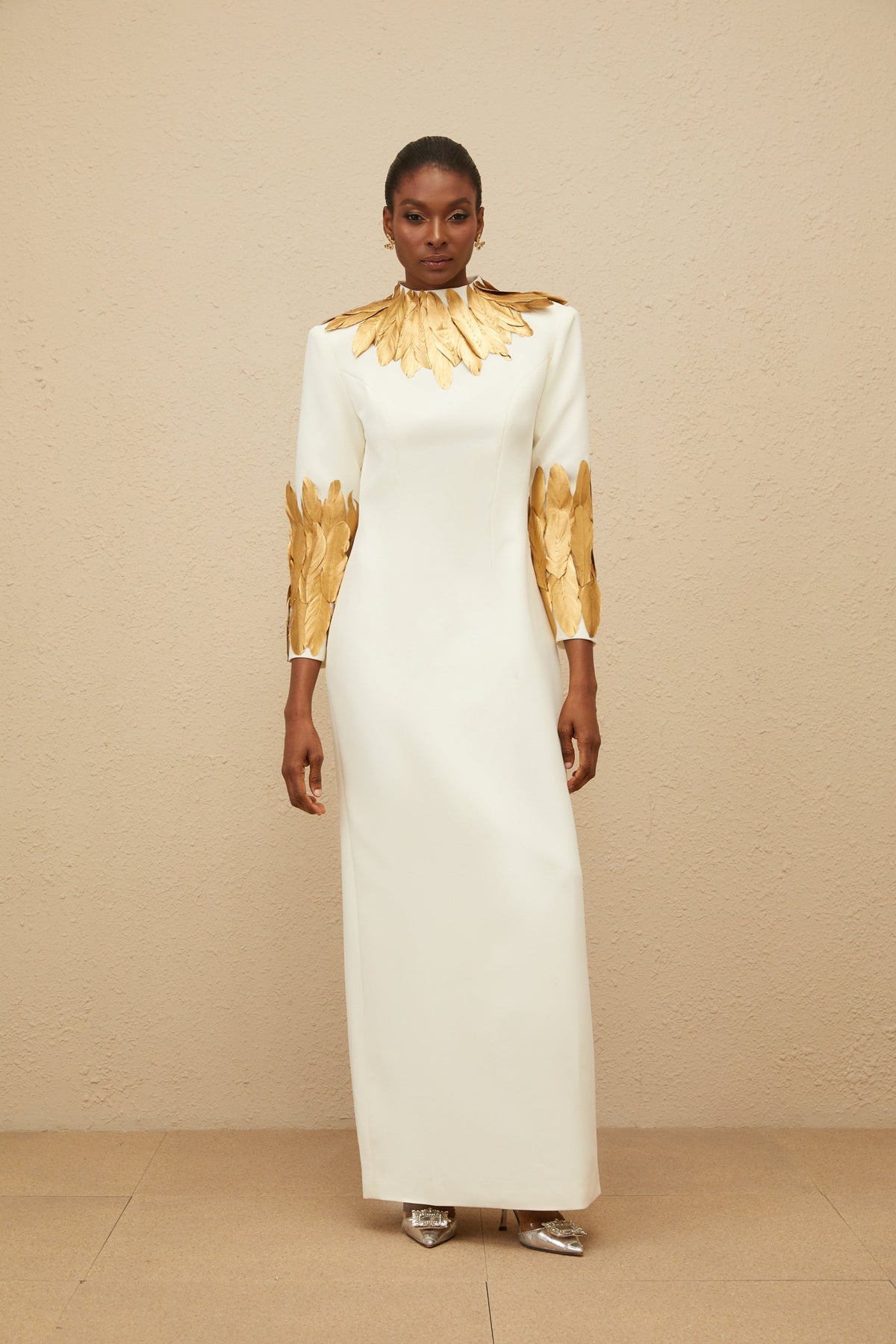 Nocturne White Feather-Trim Maxi Dress