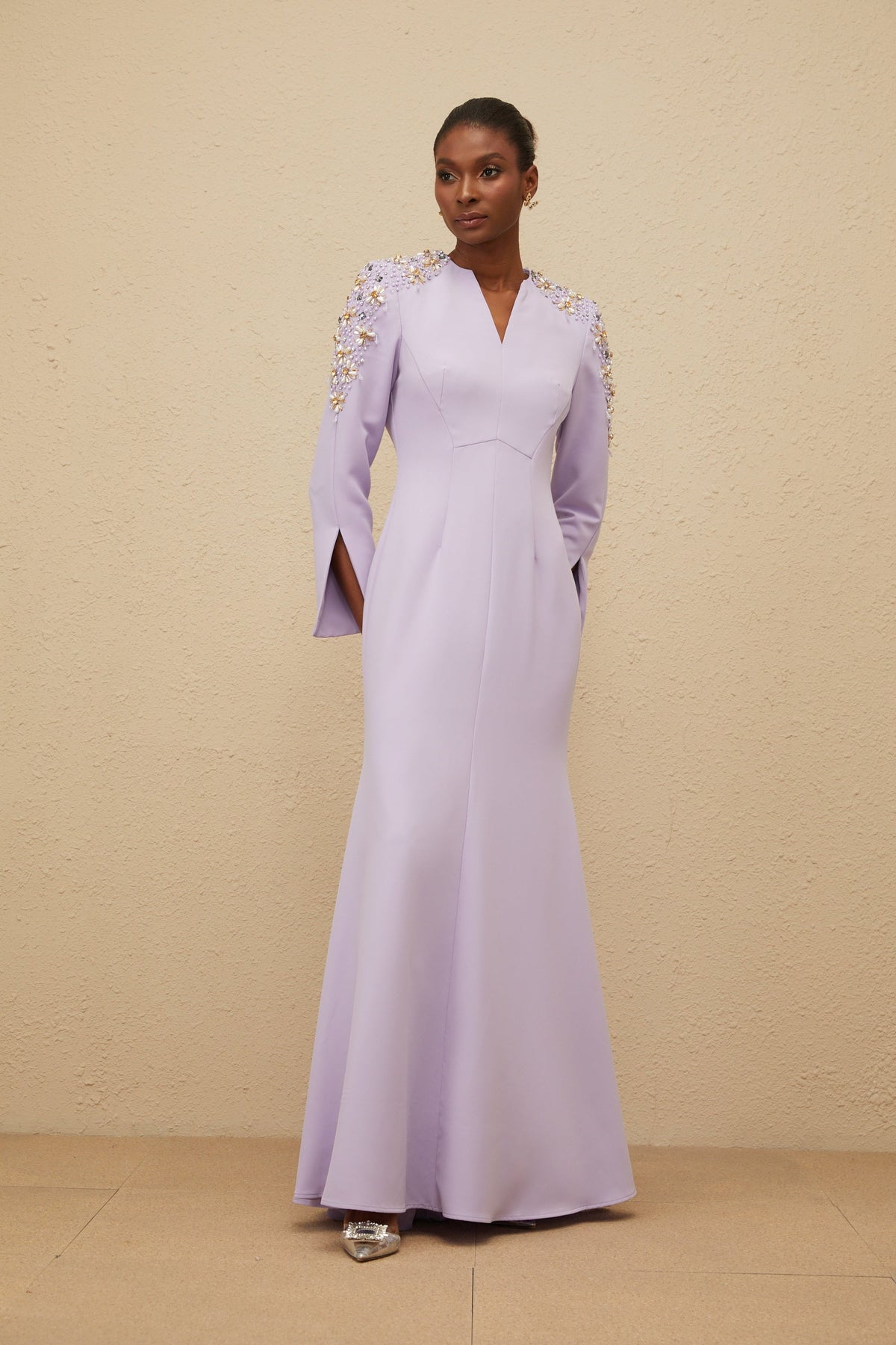 Rêverie Purple Flared Embellished Maxi Gown