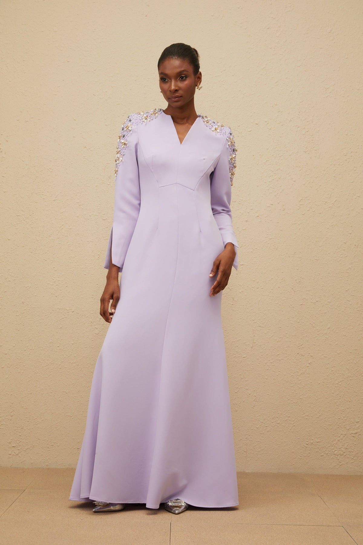 Rêverie Purple Flared Embellished Maxi Gown