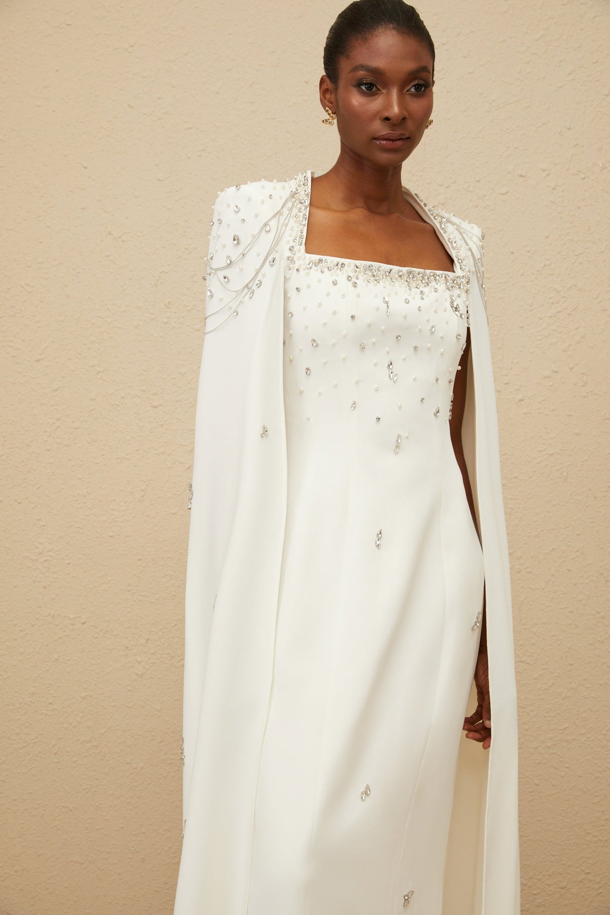 Épuré White Embellished Cape Gown
