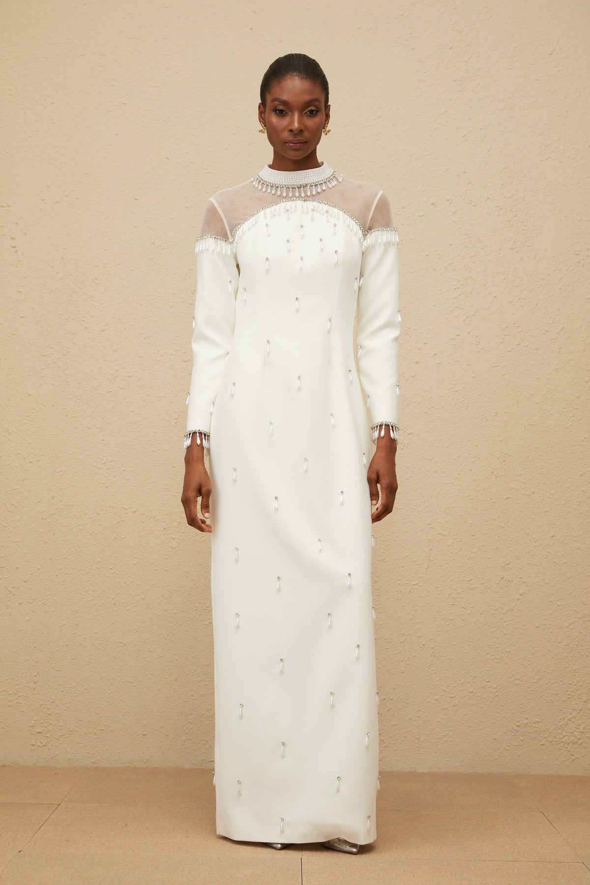 Céline White Embellished Evening Maxi Gown