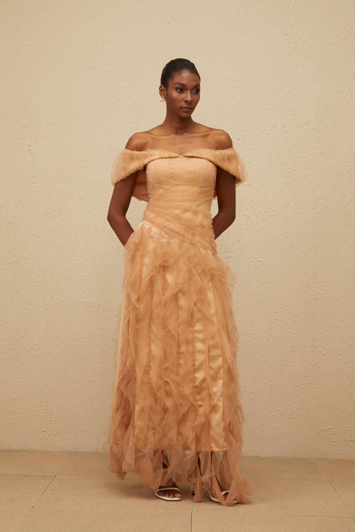 Ivonne Khaki Off-Shoulder Ruffled Tulle Maxi Dress