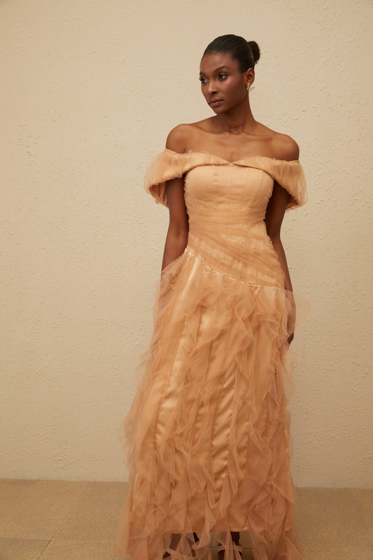 Ivonne Khaki Off-Shoulder Ruffled Tulle Maxi Dress