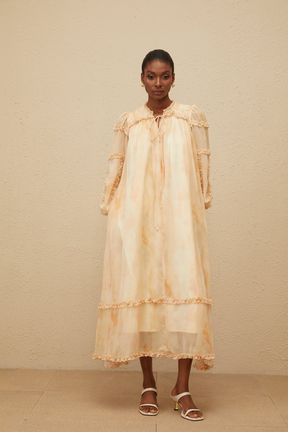Lecollet Beige Ruffled Tie-Dye Midi Dress