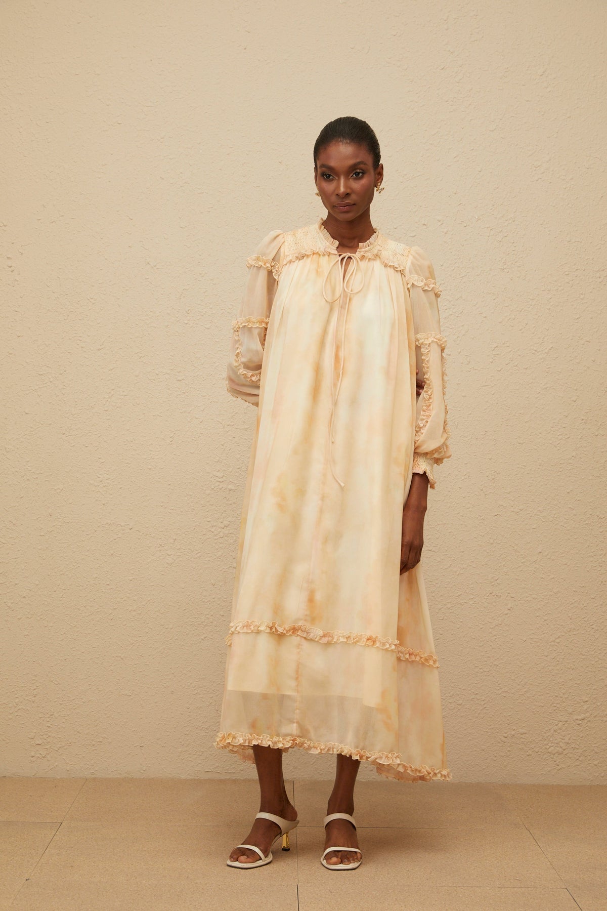 Lecollet Beige Ruffled Tie-Dye Midi Dress