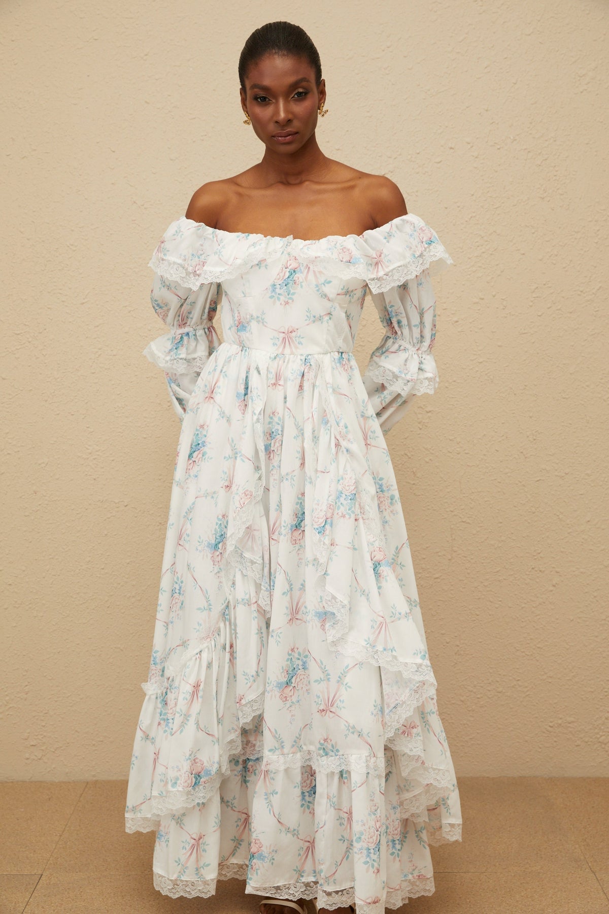 Maxanne White Ruffled Floral Print Maxi Dress