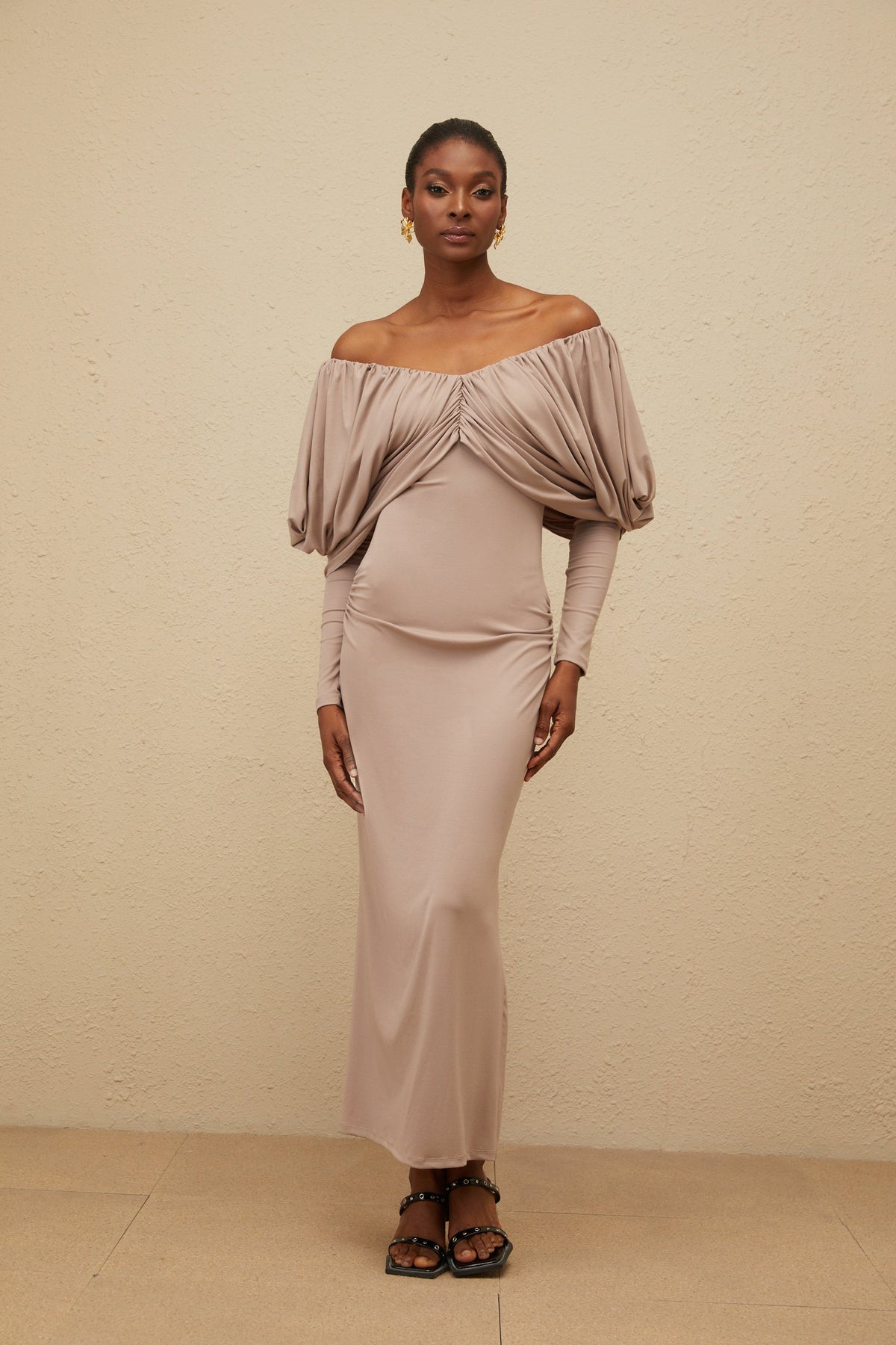 Roxane Grey Ruched Shift Midi Dress