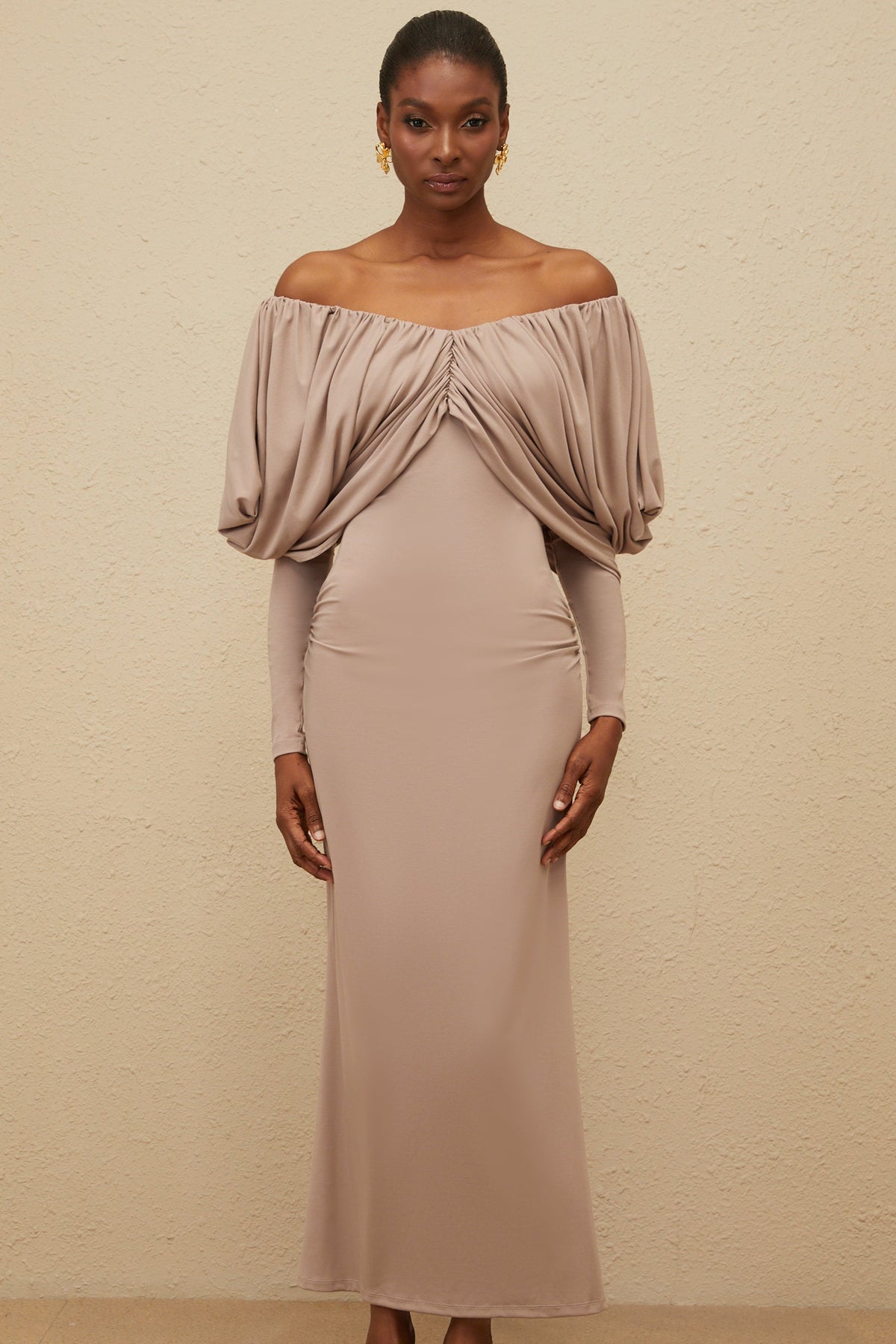 Roxane Grey Ruched Shift Midi Dress