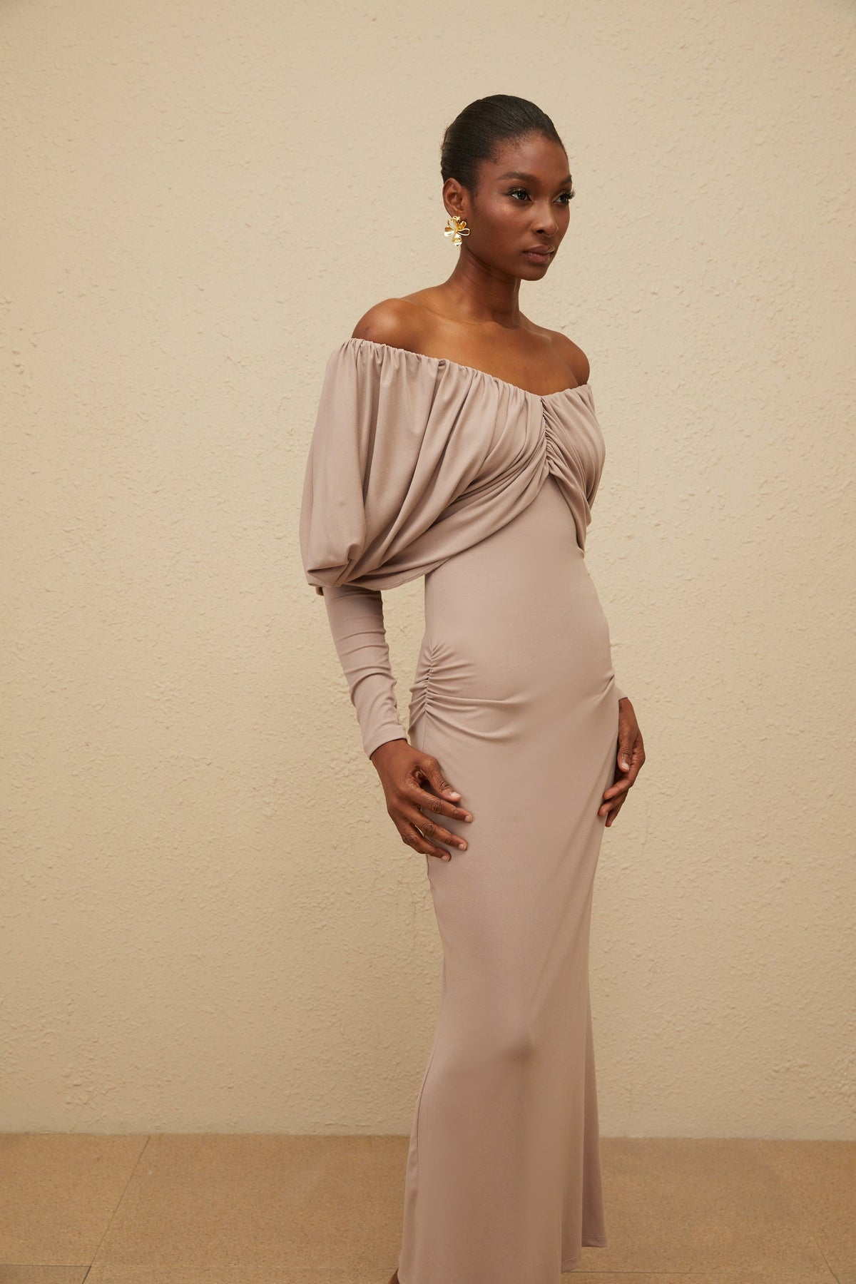 Roxane Grey Ruched Shift Midi Dress (Final Sale)
