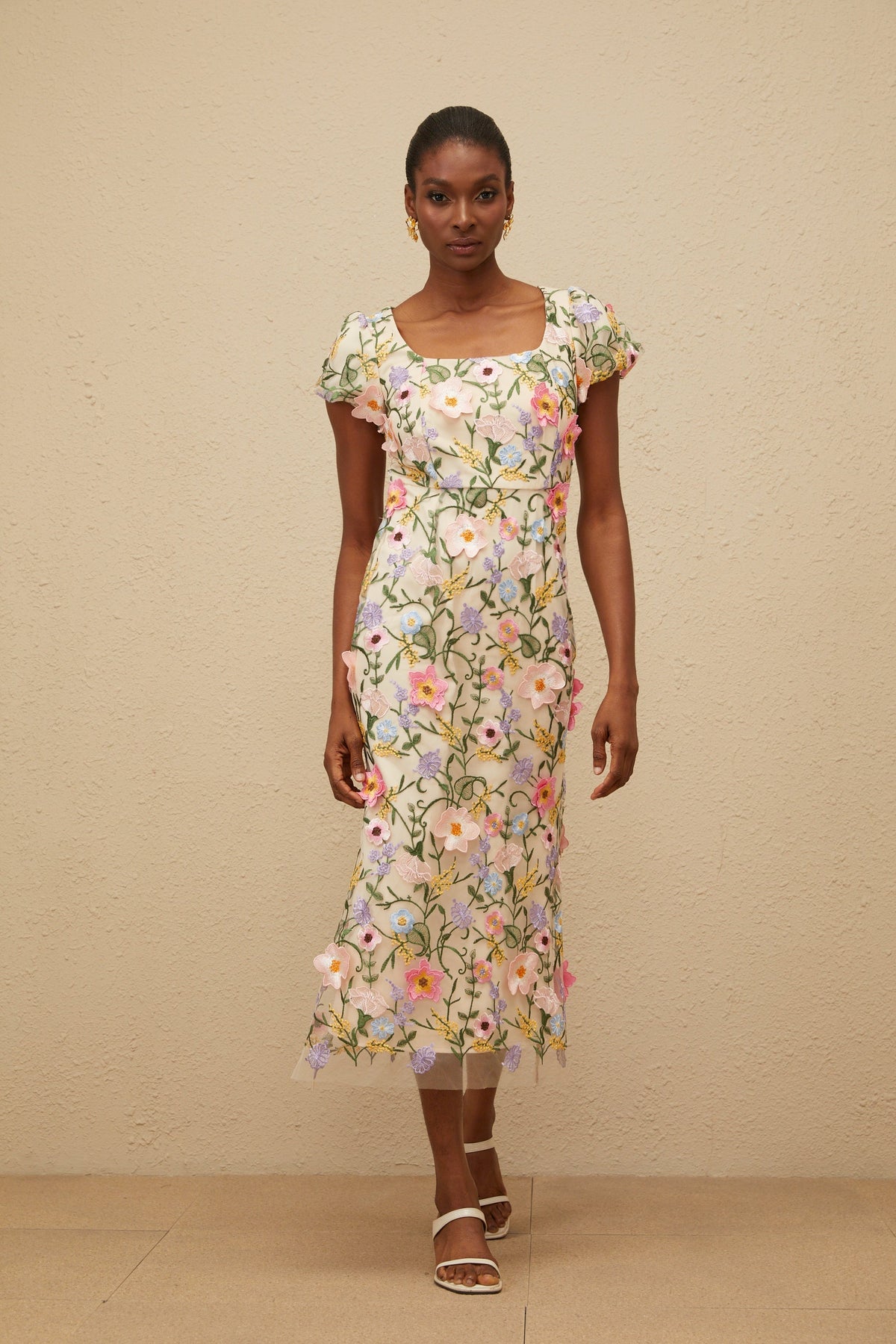 Enjouée Neutral Floral Embroidered Midi Dress (Final Sale-US Only)