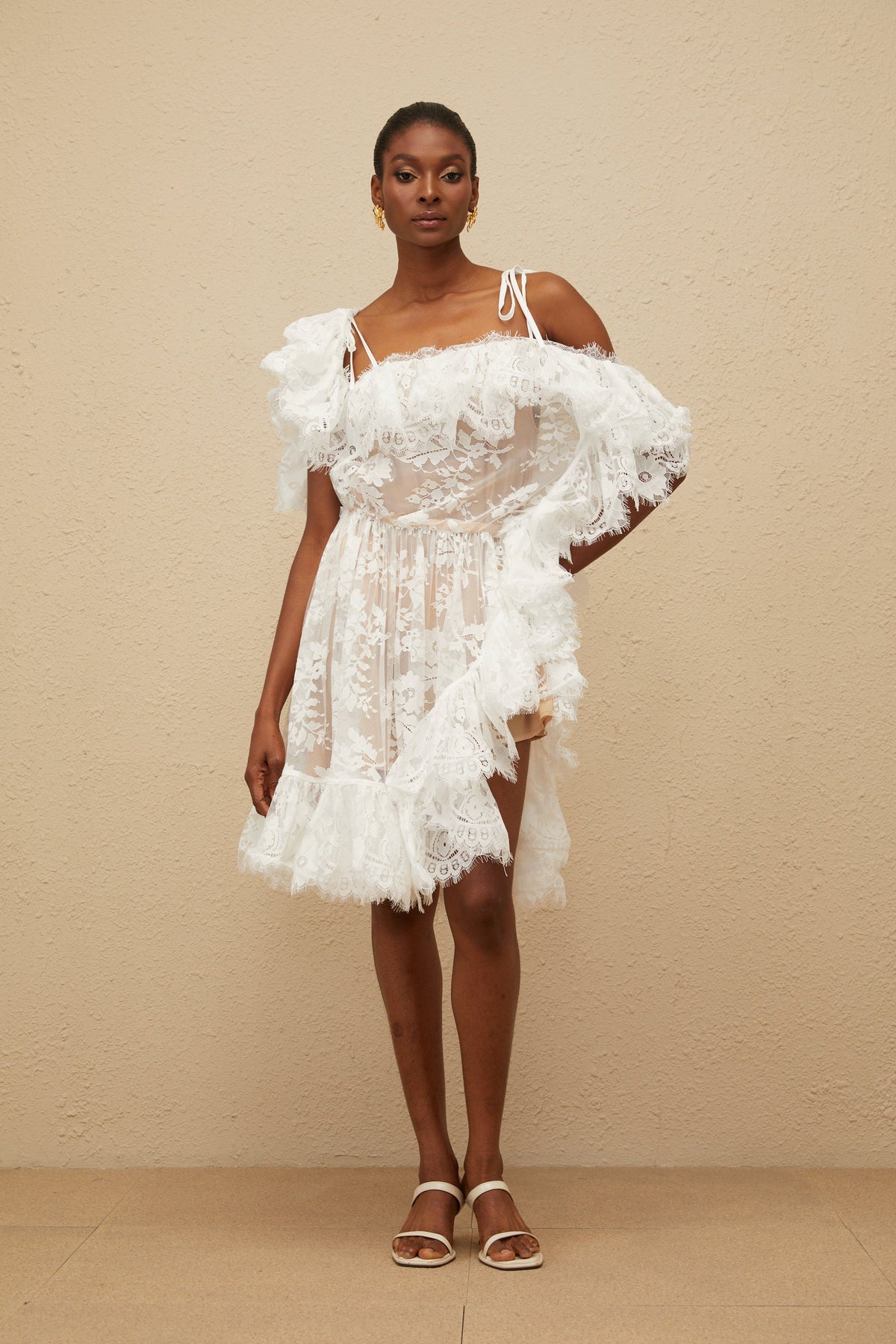 Nonchalante White Ruffled Floral Lace Mini Dress