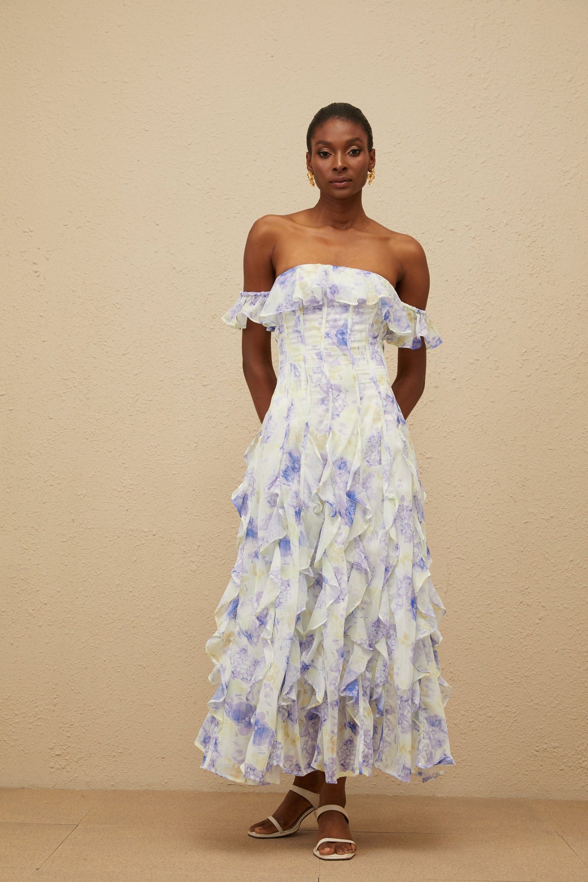 Fleur Blue Ruffled Floral Print Maxi Dress