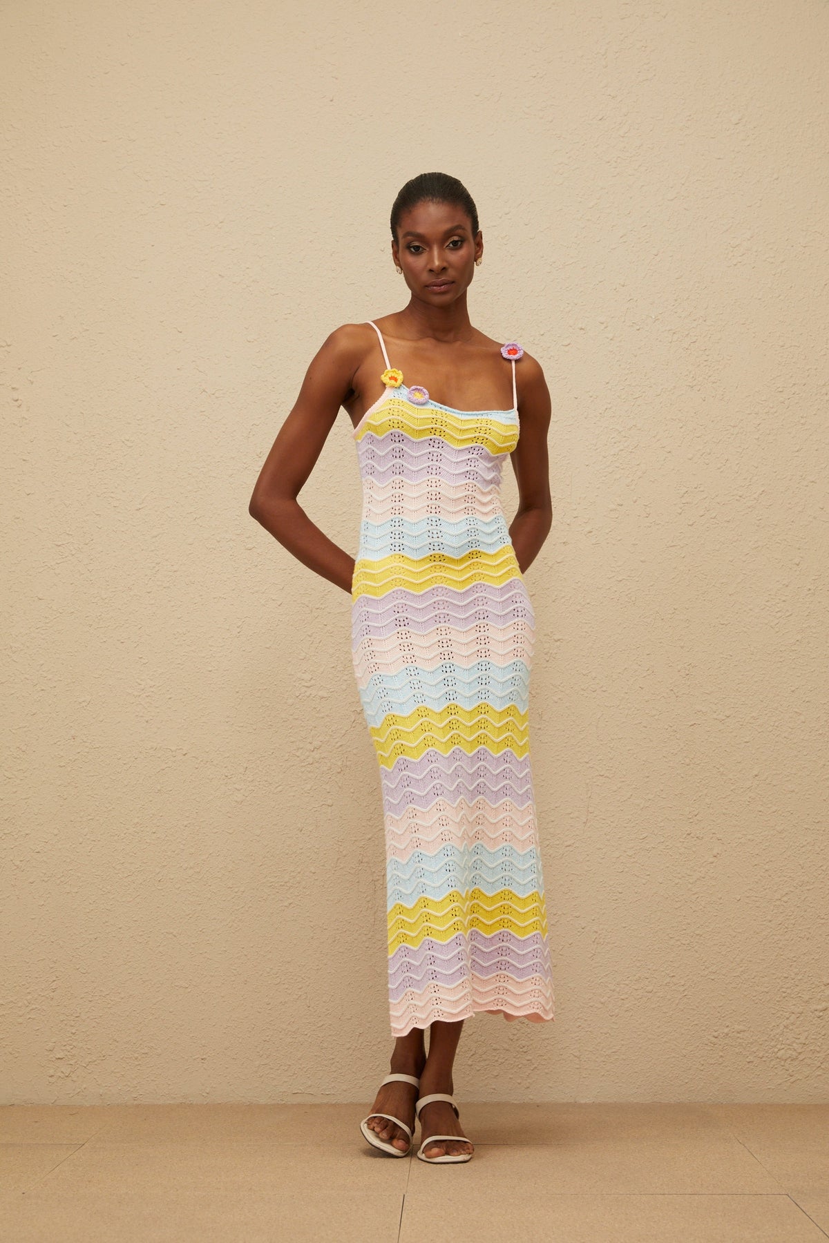 Véronique Pink Wave Knit Crochet Midi Dress (Final Sale)