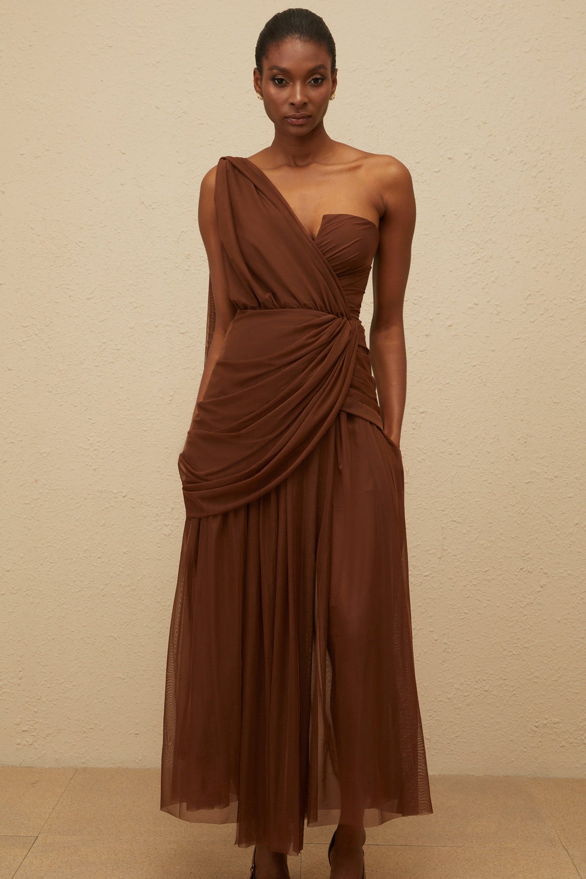 Agathe Brown Asymmetrical Evening Maxi Gown (Final Sale)