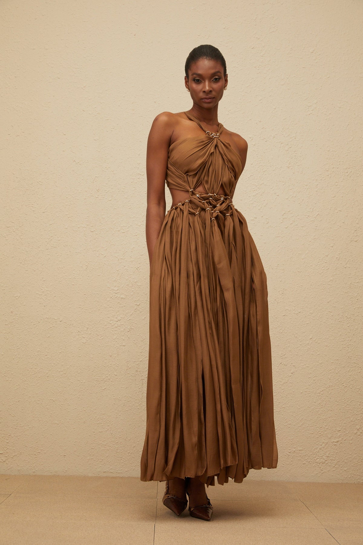 Déotille Brown Braided Cutout Shirred Midi Dress (Final Sale-US Only)