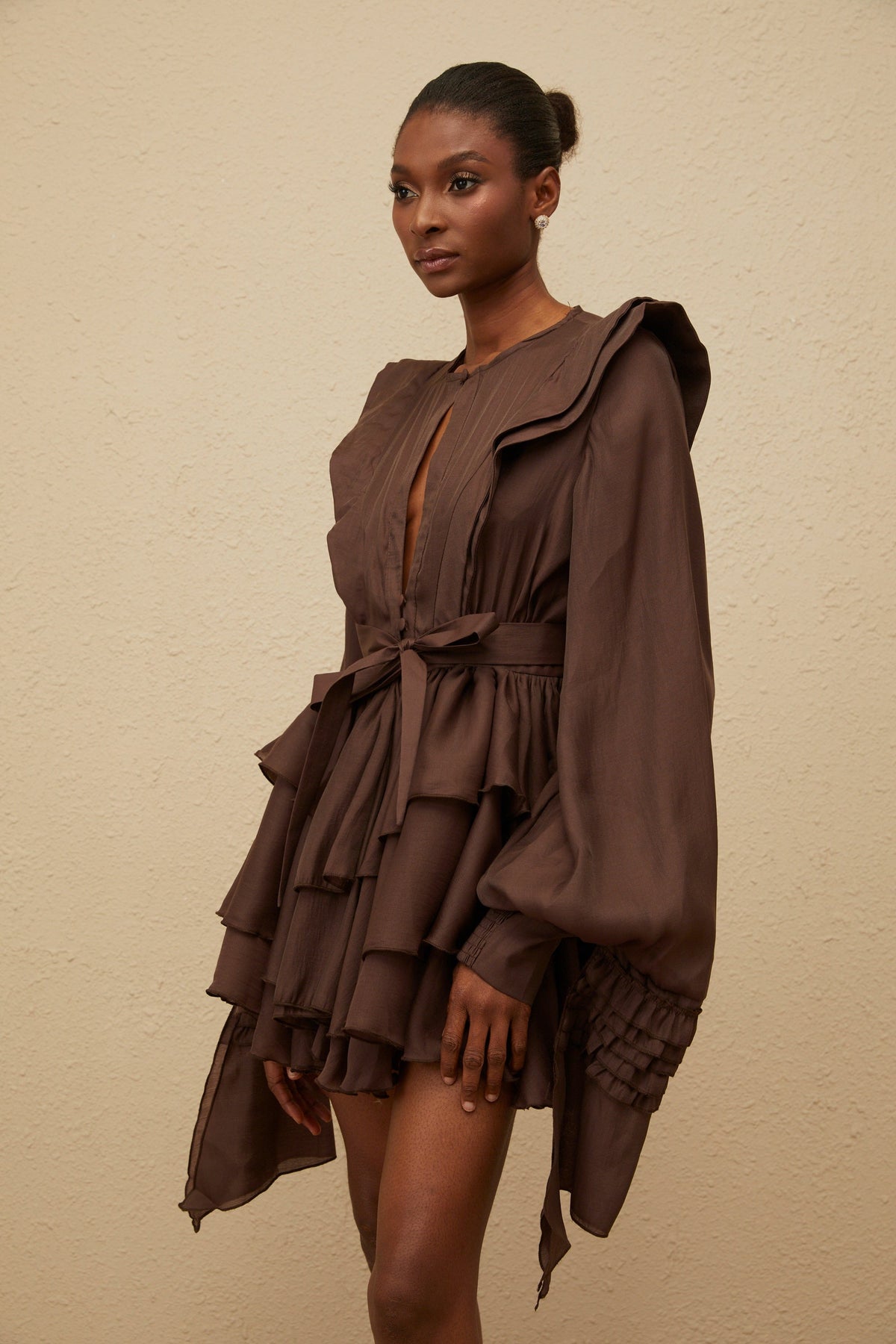 Annabelle Brown Cutout Ruffled Mini Dress (Final Sale)