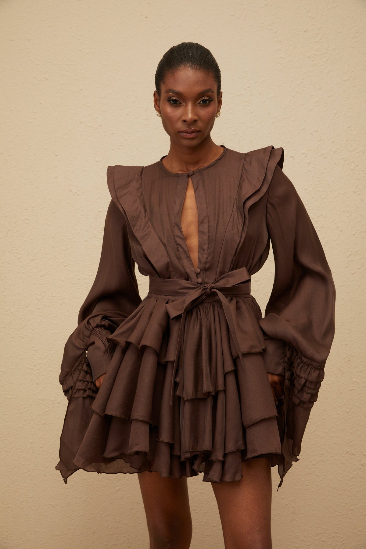 Annabelle Brown Cutout Ruffled Mini Dress (Final Sale-US Only)