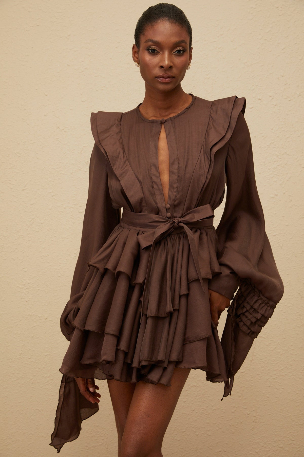 Annabelle Brown Cutout Ruffled Mini Dress (Final Sale-US Only)