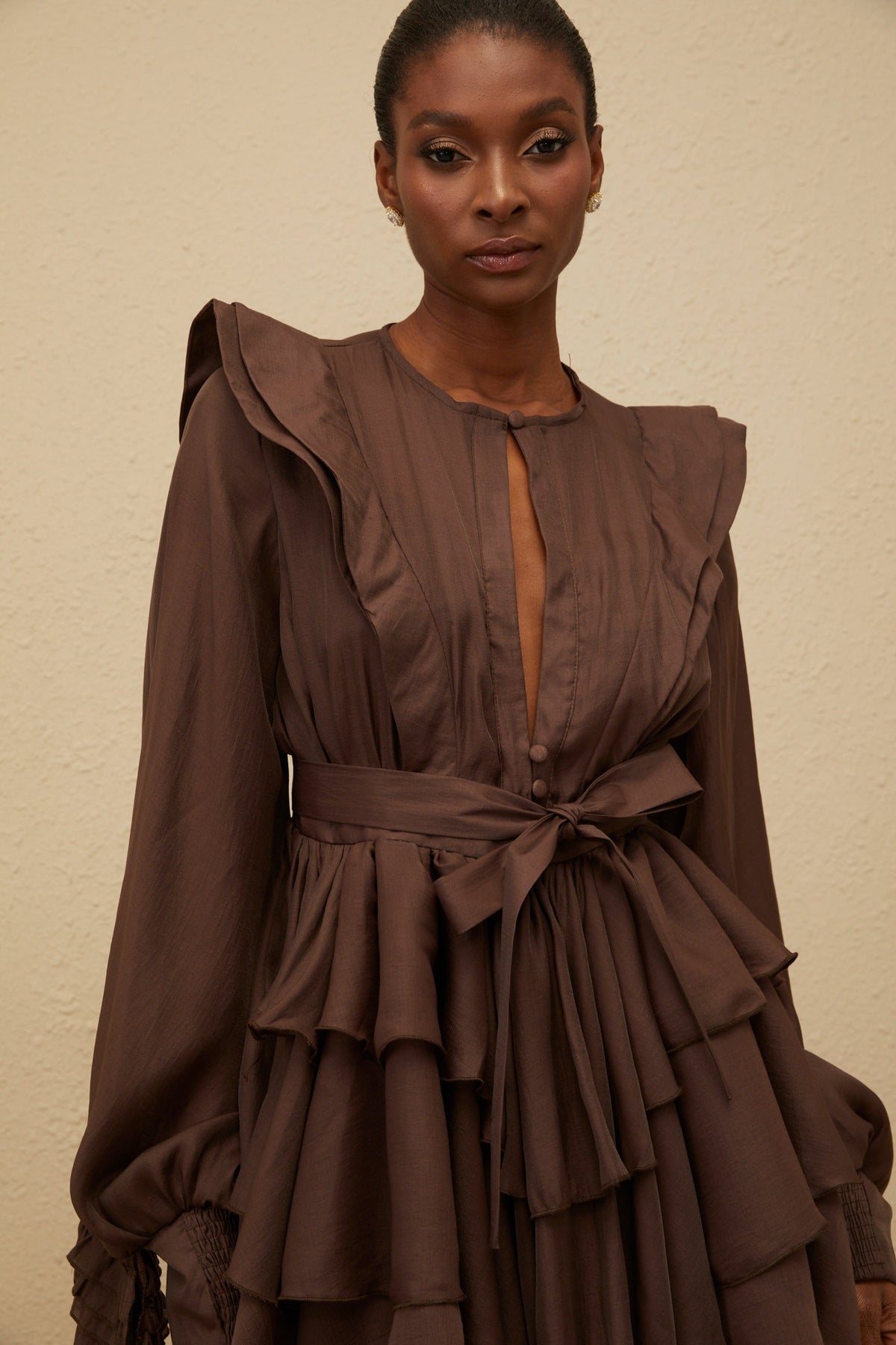 Annabelle Brown Cutout Ruffled Mini Dress (Final Sale-US Only)