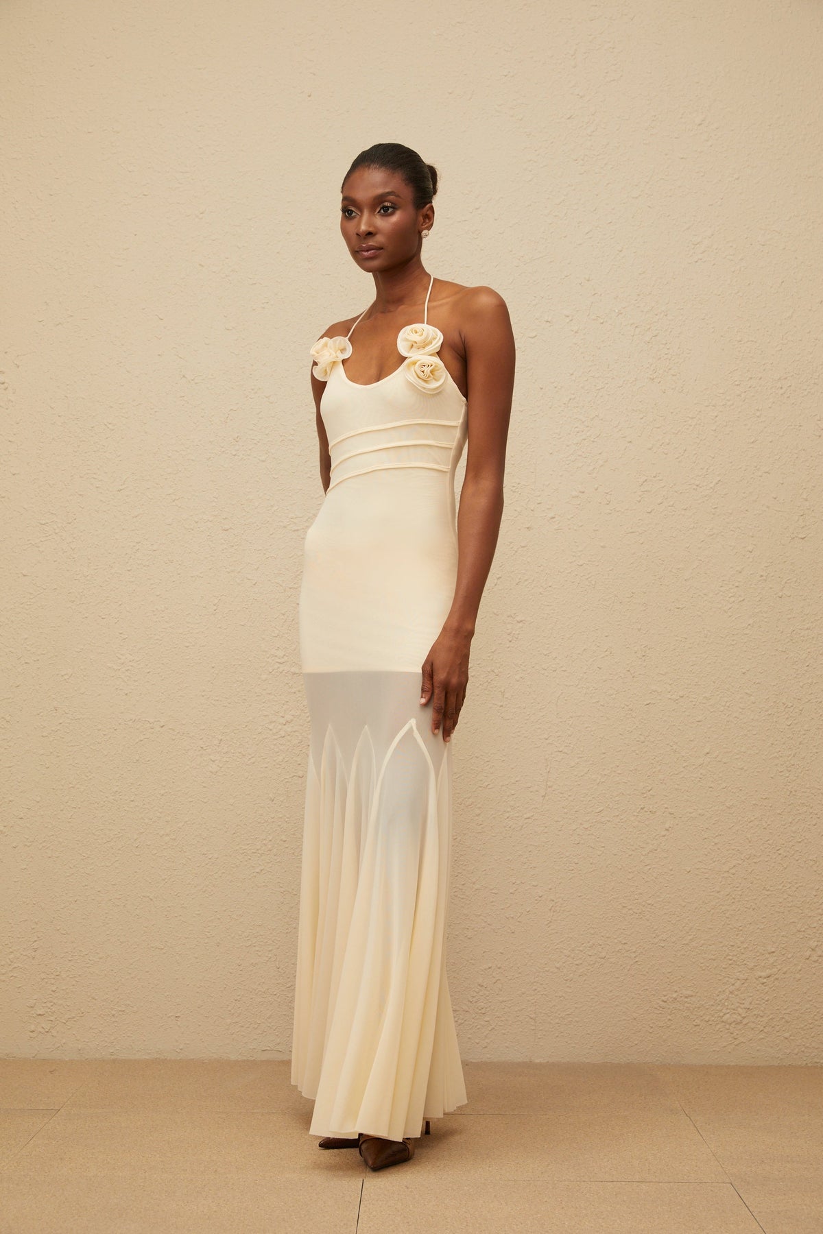 Vague Neutral 3D Petal Mesh Maxi Dress